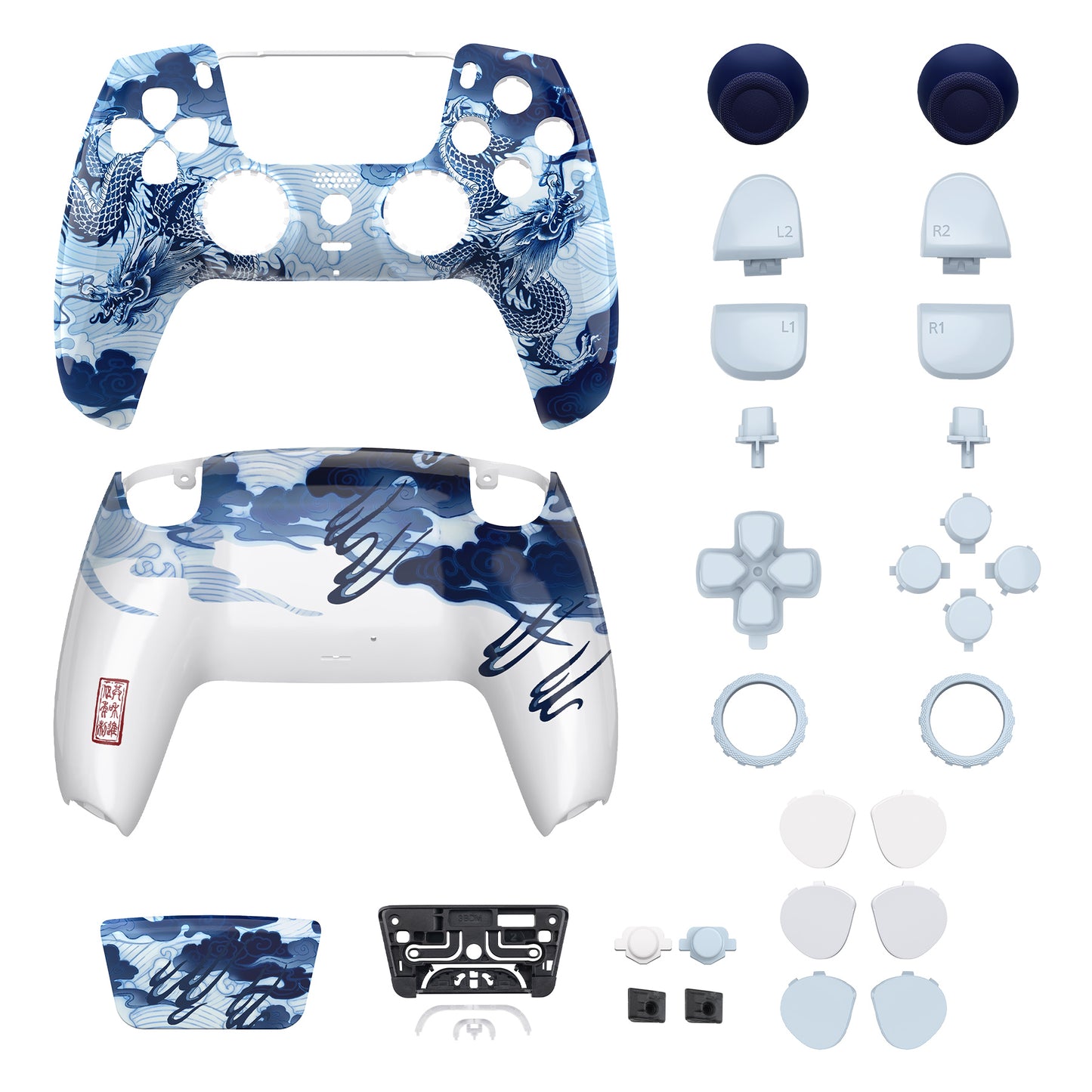 eXtremeRate PS5コントローラーBDM-030/040対応LUNA再設計交換対応用フルセットシェル&ボタン【磁器の龍】