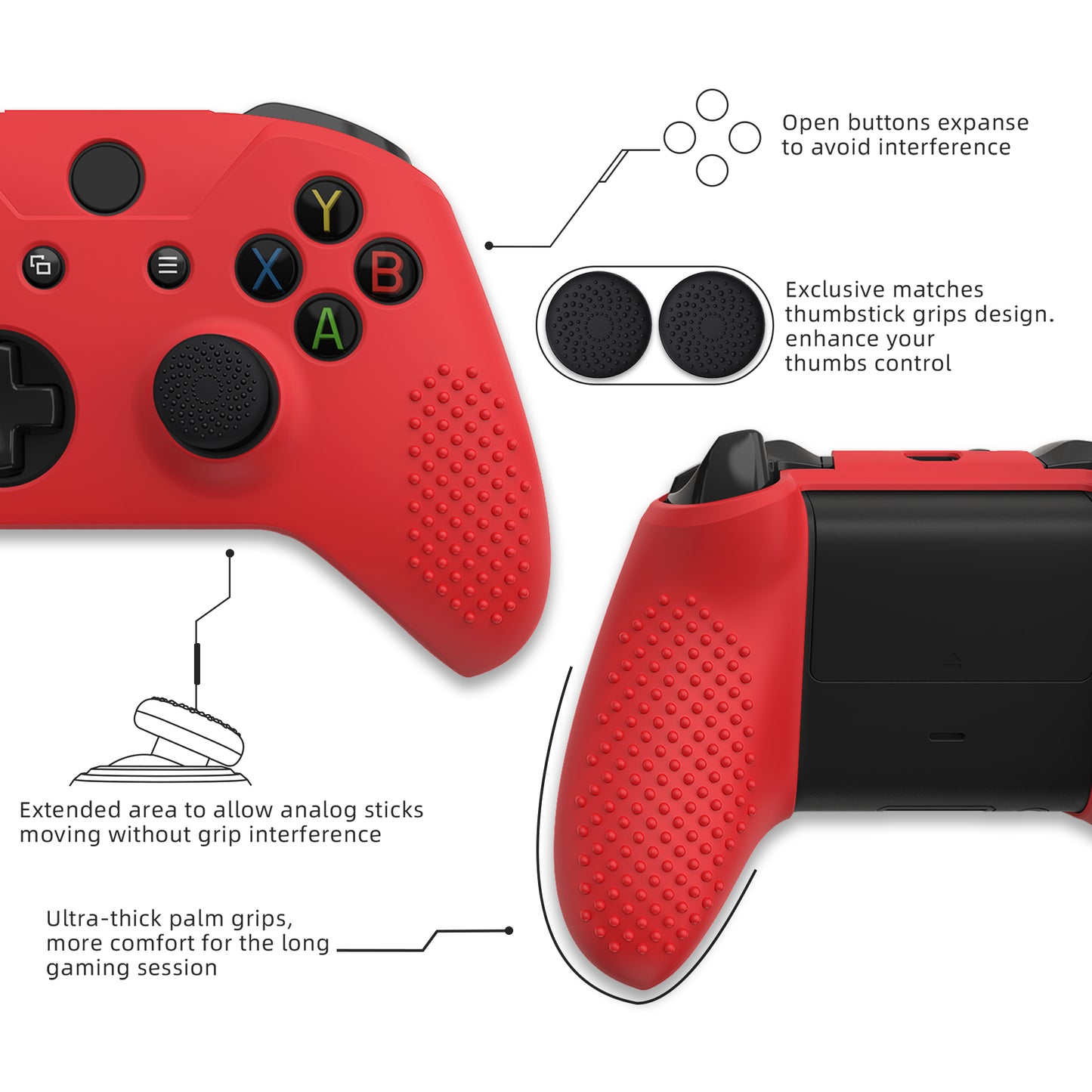 eXtremeRate PlayVital Xbox One X&Sコントローラー用滑り止め保護シリコンケースサムグリップキャップ付き【レッド】