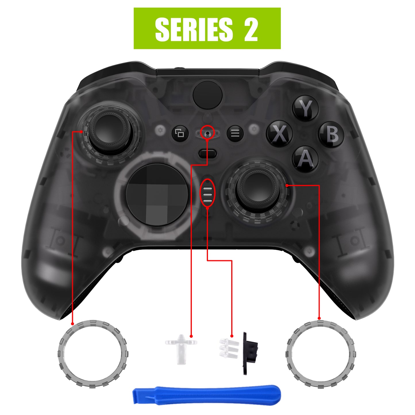 eXtremeRate Xbox One Elite Series 2&Elite 2 Coreコントローラー(モデル1797)用交換フロントハウジングシェルケース&アクセントリング【クリアブラック】