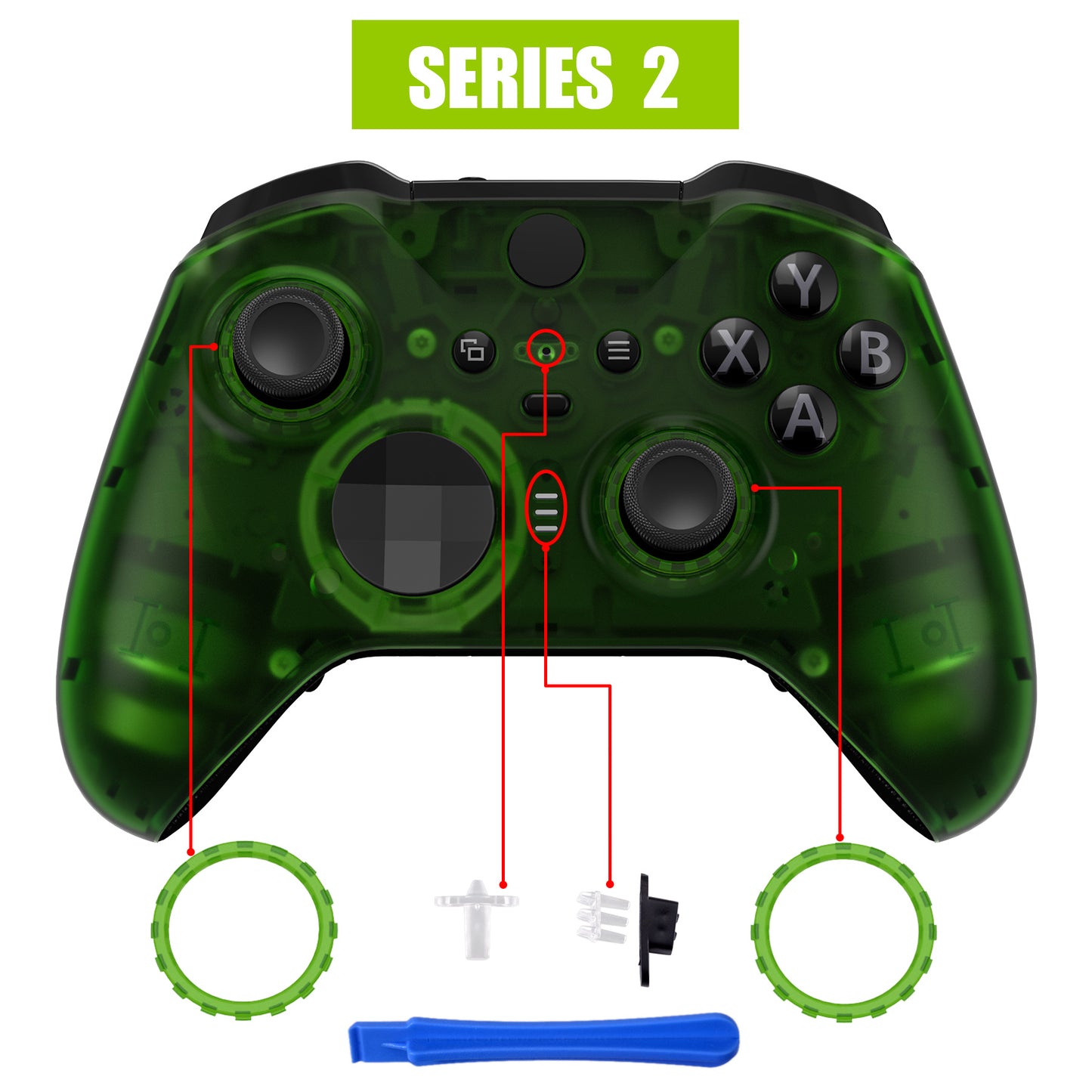 eXtremeRate Xbox One Elite Series 2&Elite 2 Coreコントローラー(モデル1797)用交換フロントハウジングシェルケース&アクセントリング【クリアグリーン】