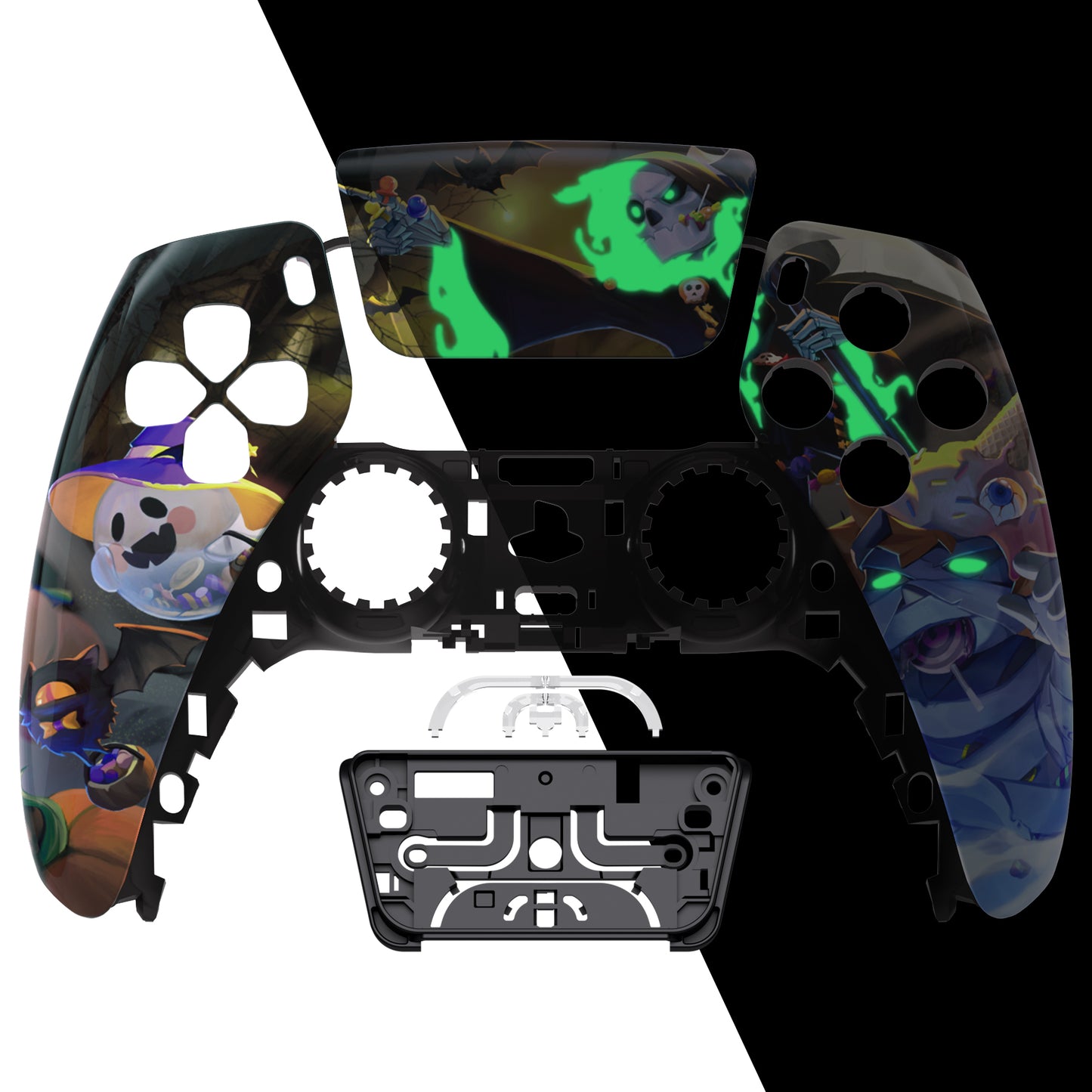 eXtremeRate PS5コントローラーBDM-010/020/030/040/050対応交換対応用フロントハウジングシェル&タッチパッド【暗闇で光る - ハロウィンキャンディナイト】