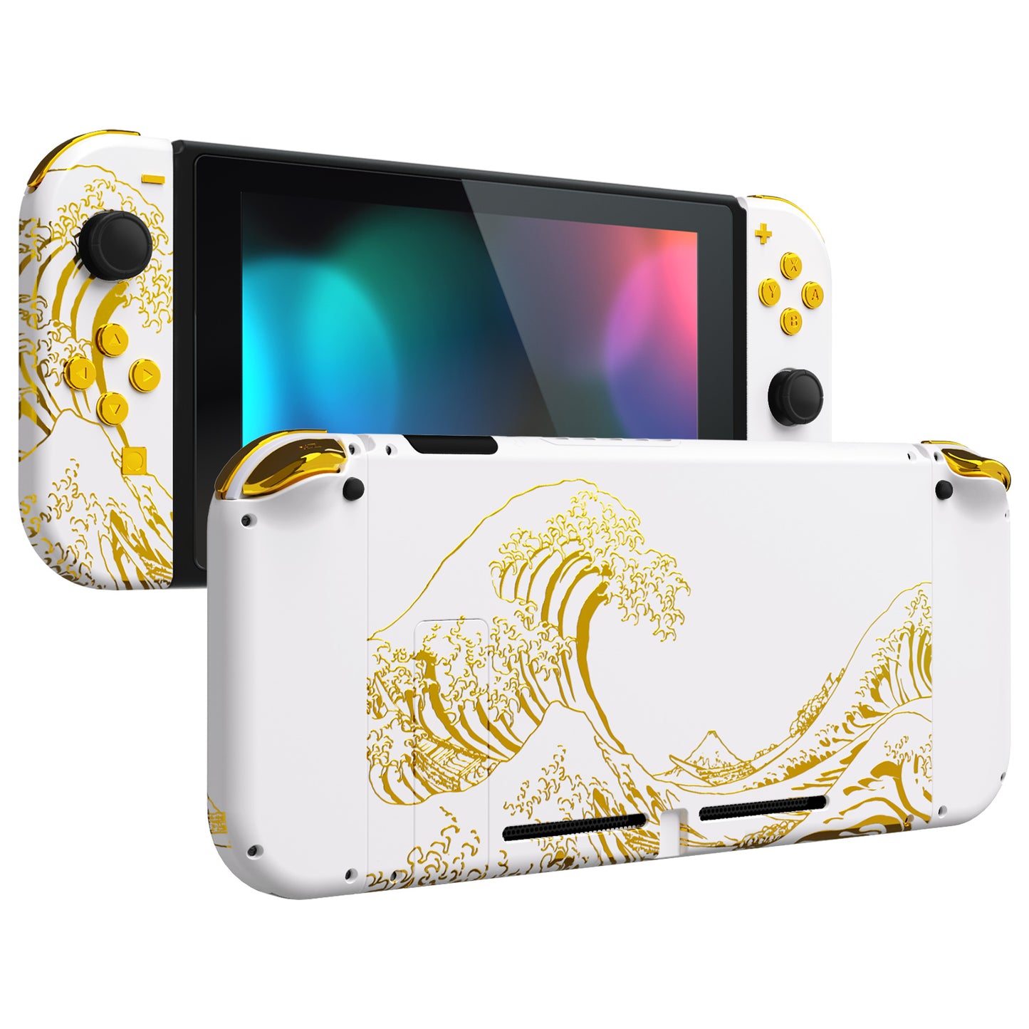 eXtremeRate Nintendo Switch用交換フルセットシェル&ボタン【神奈川沖の金色の波ホワイト】