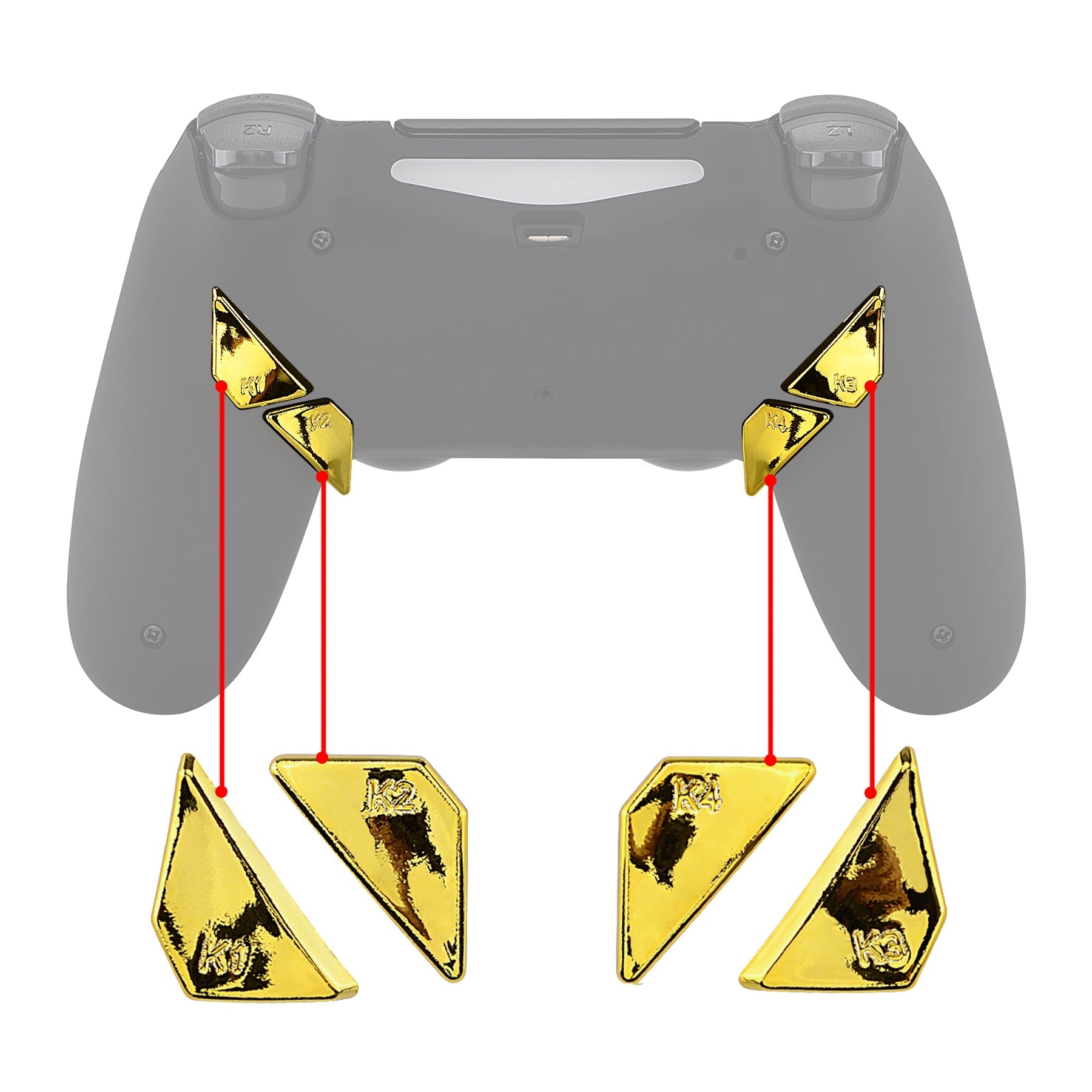 eXtremeRate Retail Chrome Gold Replacement Redesigned Back Buttons K1 K2 K3 K4 Paddles for eXtremeRate ps4 Controller Dawn Remap Kit - P4GZ016