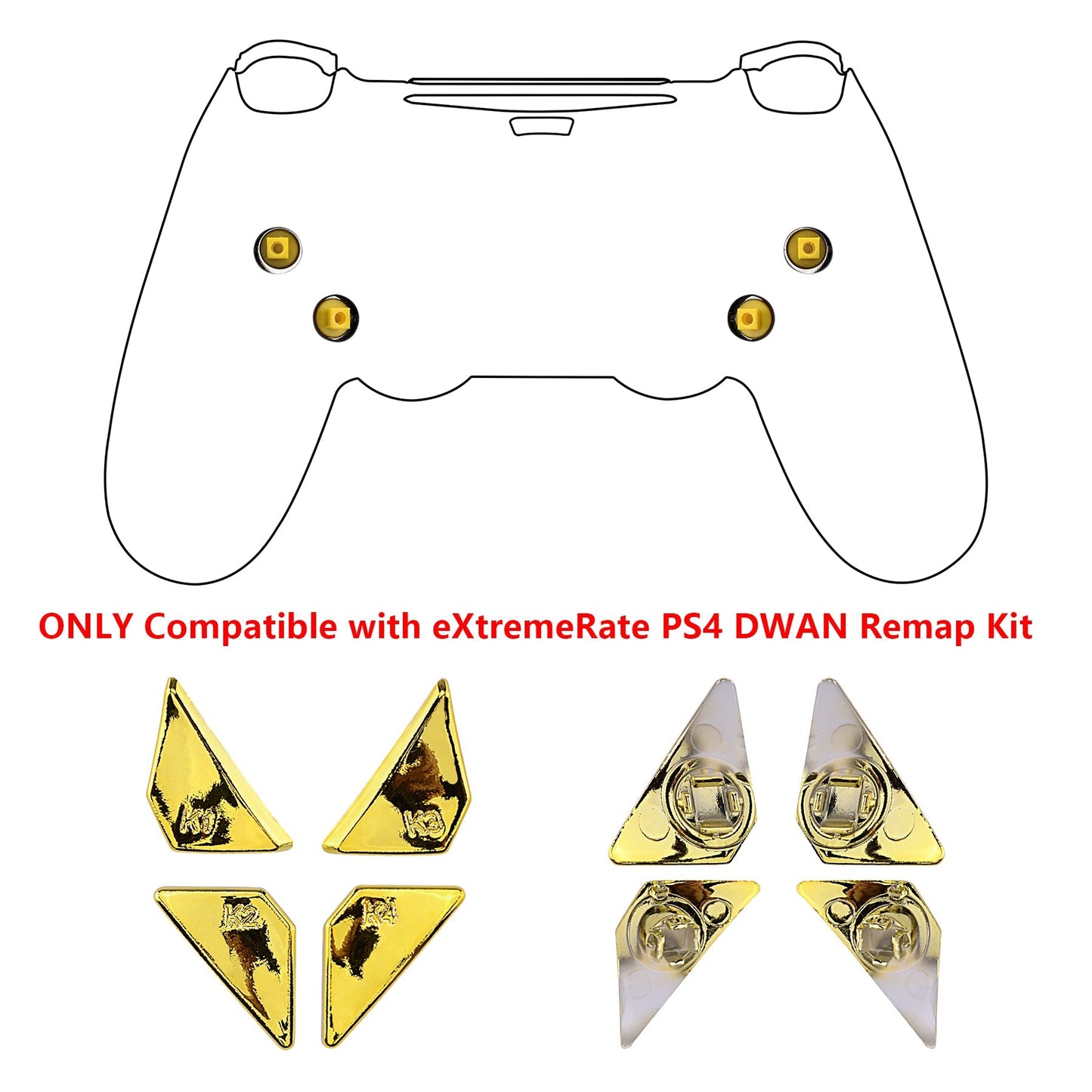 eXtremeRate Retail Chrome Gold Replacement Redesigned Back Buttons K1 K2 K3 K4 Paddles for eXtremeRate ps4 Controller Dawn Remap Kit - P4GZ016