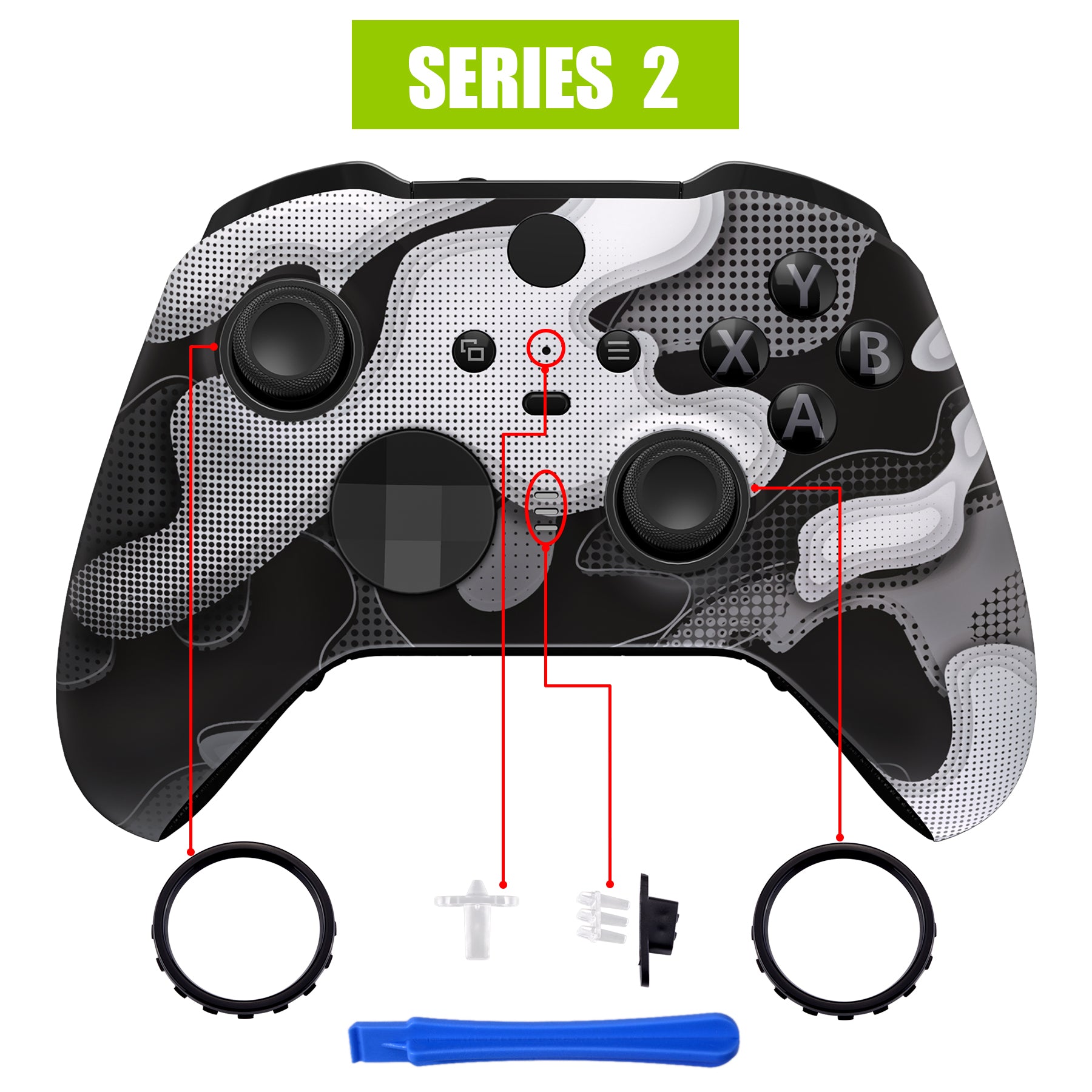 eXtremeRate Retail Black White Camouflage Faceplate Cover, Soft Touch Front Housing Shell Case Replacement Kit for Xbox One Elite Series 2 Controller Model 1797 - Thumbstick Accent Rings Included - ELT147