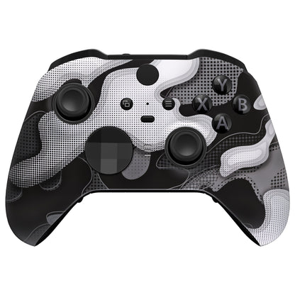 eXtremeRate Retail Black White Camouflage Faceplate Cover, Soft Touch Front Housing Shell Case Replacement Kit for Xbox One Elite Series 2 Controller Model 1797 - Thumbstick Accent Rings Included - ELT147