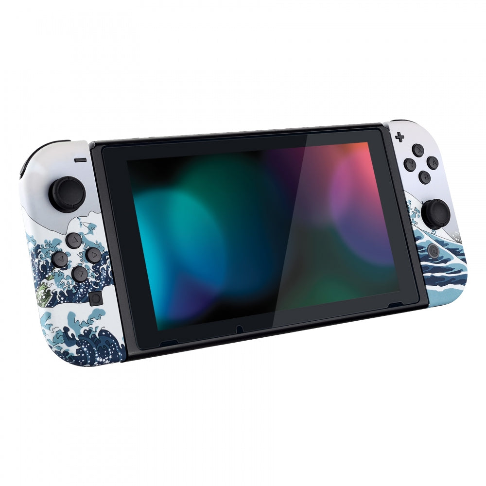 eXtremeRate Retail The Great Wave Patterned Joycon Handheld Controller Housing with Full Set Buttons, Soft Touch Grip DIY Replacement Shell Case for NS Switch JoyCon & OLED JoyCon - Console Shell NOT Included - CT106