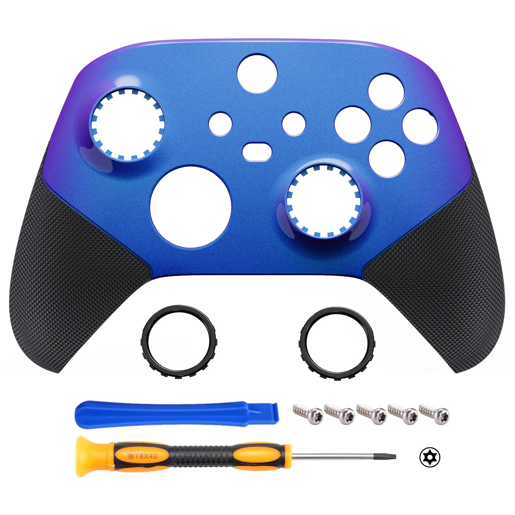 eXtremeRate Retail Chameleon Purple Blue ASR Version Performance Rubberized Grip Front Housing Shell  with Accent Rings for Xbox Series X/S Controller - FX3C3002