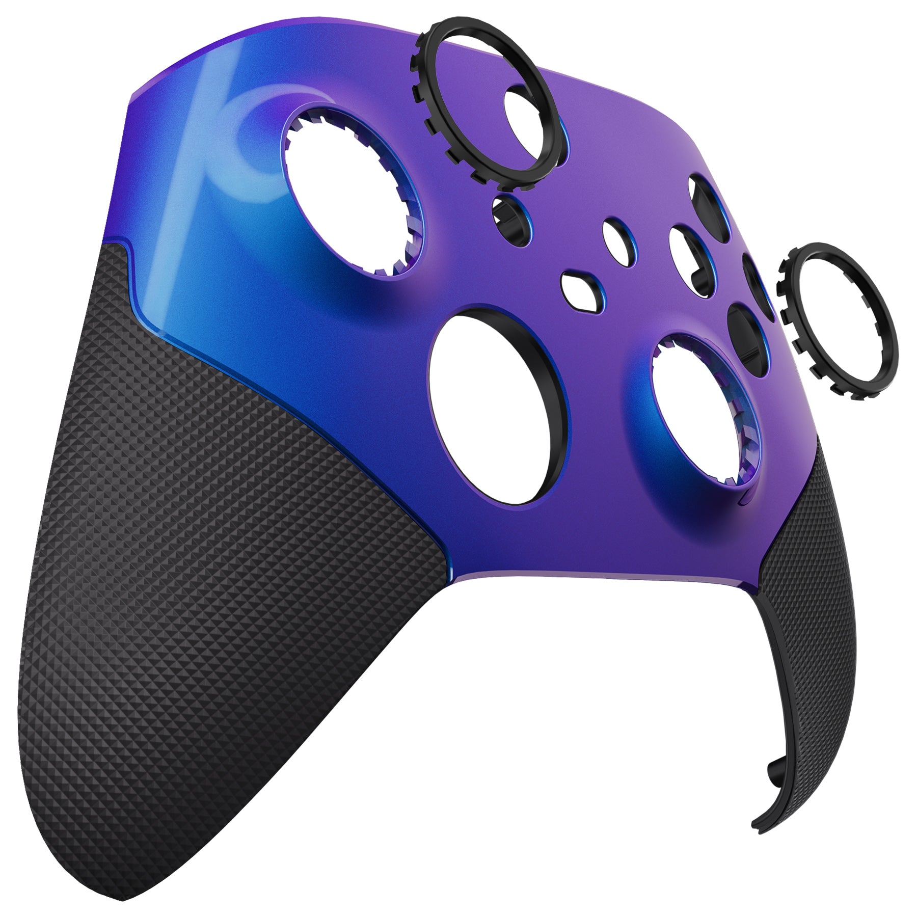 eXtremeRate Retail Chameleon Purple Blue ASR Version Performance Rubberized Grip Front Housing Shell  with Accent Rings for Xbox Series X/S Controller - FX3C3002