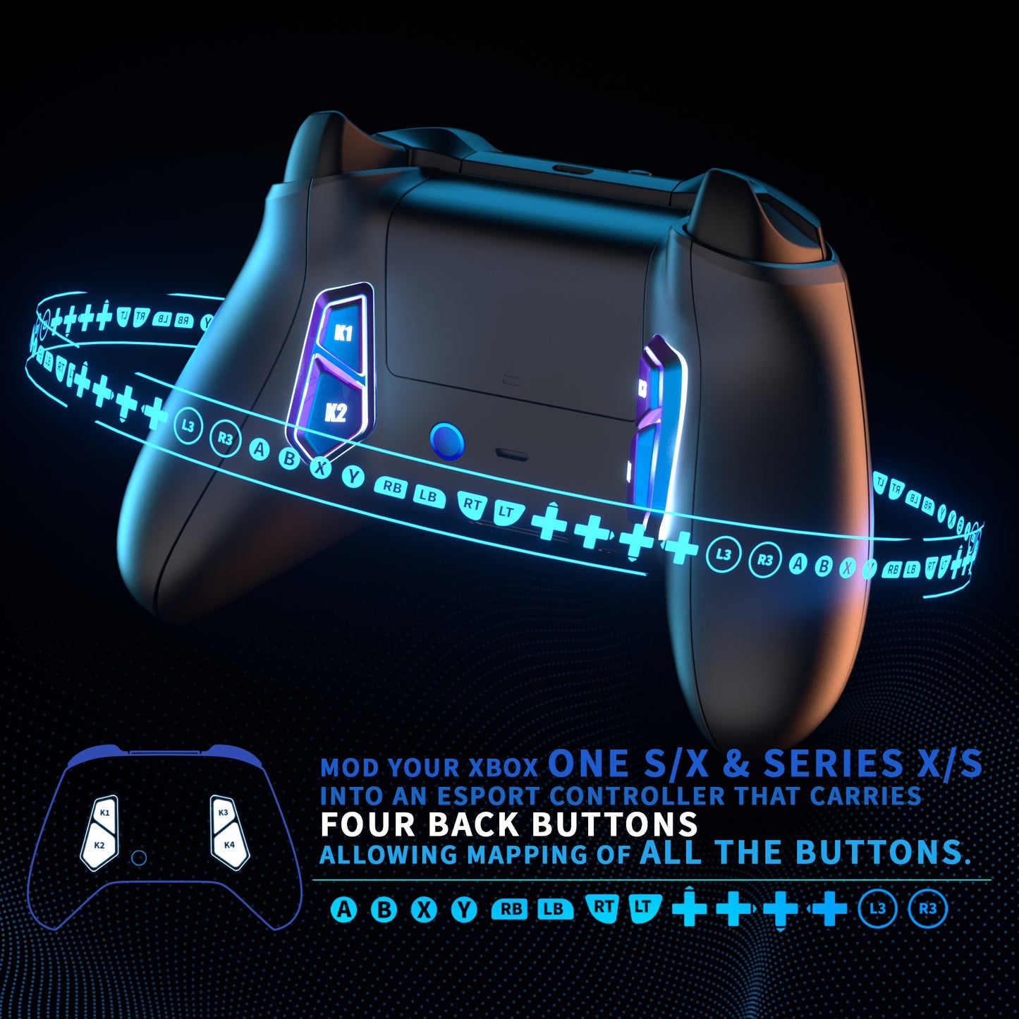 eXtremeRate Retail Redesigned K1 K2 K3 K4 Back Buttons For eXtremerate VICTOR S/X Remap Kit, Compatible With Xbox One S/X & Xbox Series X/S Controller - Chameleon Purple Blue