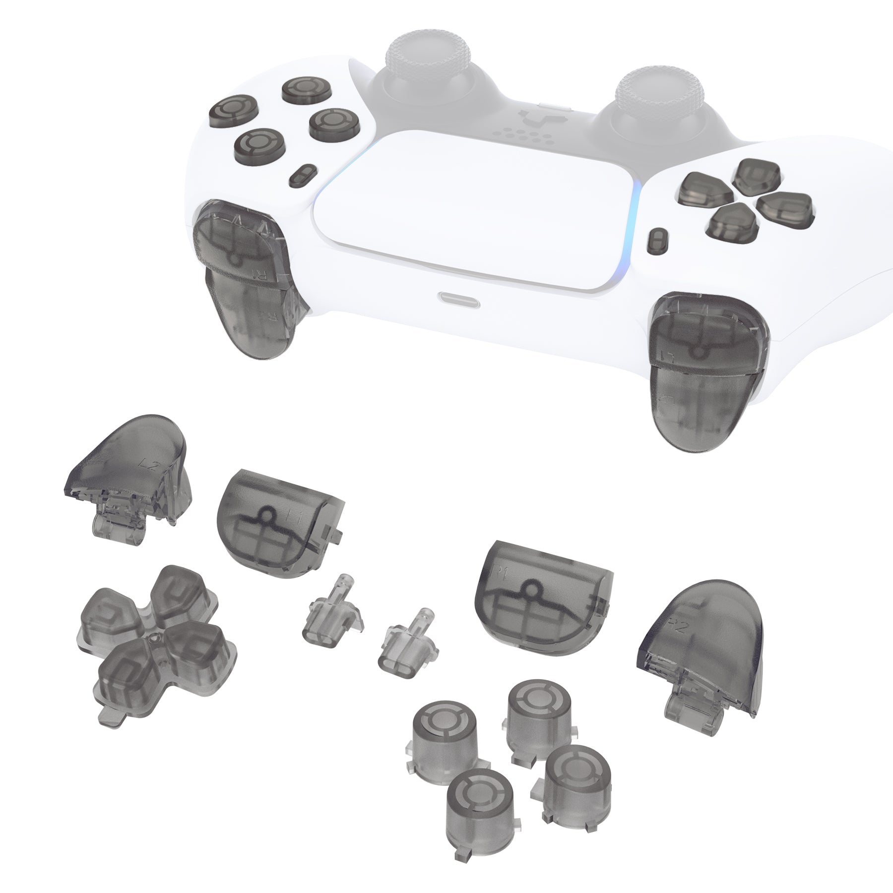 eXtremeRate Retail Replacement D-pad R1 L1 R2 L2 Triggers Share Options Face Buttons, Clear Black Full Set Buttons Compatible With ps5 Controller BDM-010 & BDM-020 - JPF3023G2