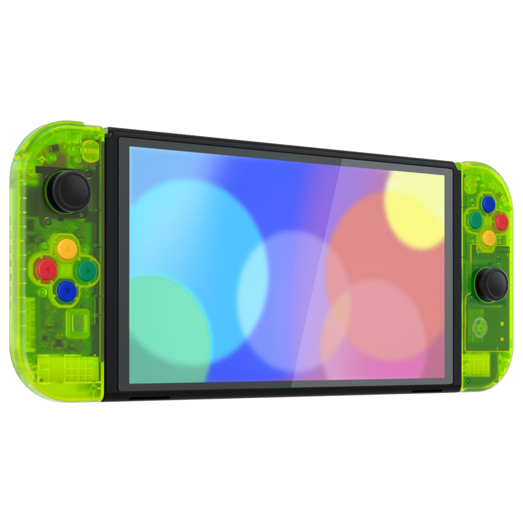 eXtremeRate Retail Clear Lime Green Custom Full Set Shell for Nintendo Switch OLED, DIY Replacement Console Back Plate & Kickstand, NS Joycon Handheld Controller Housing with Colorful Buttons for Nintendo Switch OLED - QNSOM5008