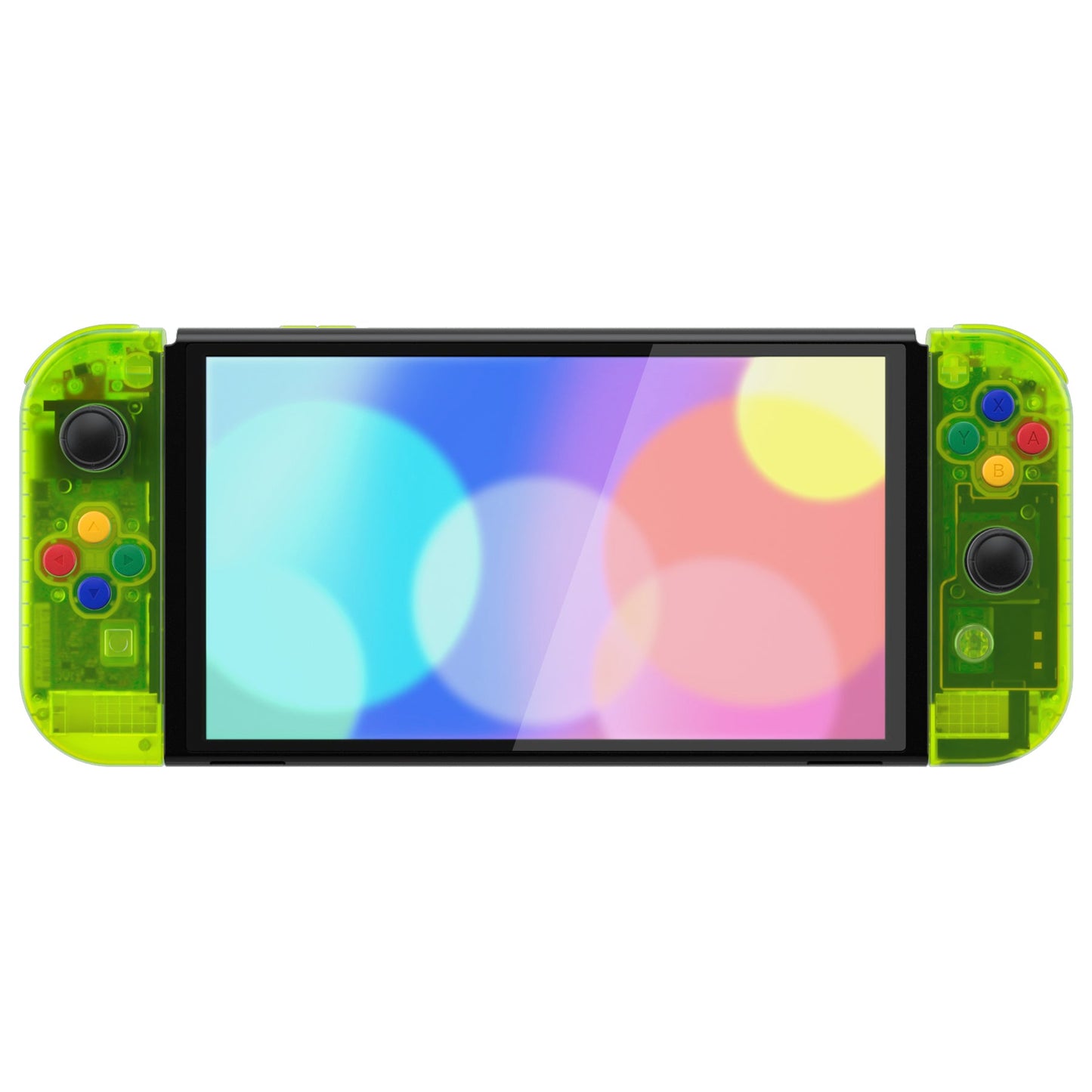 eXtremeRate Retail Clear Lime Green Custom Full Set Shell for Nintendo Switch OLED, DIY Replacement Console Back Plate & Kickstand, NS Joycon Handheld Controller Housing with Colorful Buttons for Nintendo Switch OLED - QNSOM5008