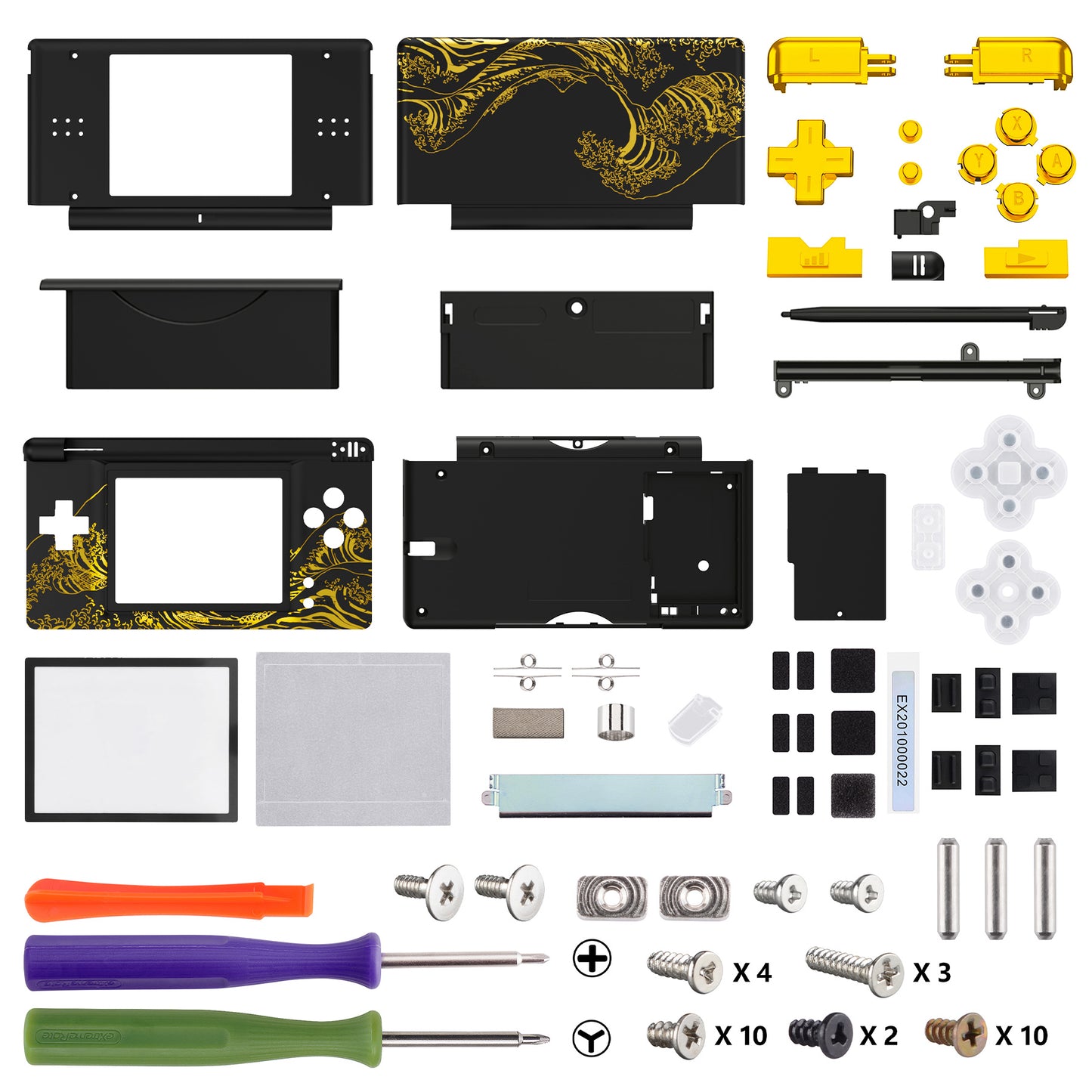 eXtremeRate ニンテンドーDS Lite用交換フルハウジングシェル＆ボタンセット保護フィルム付き【神奈川沖の金色の波ブラック】