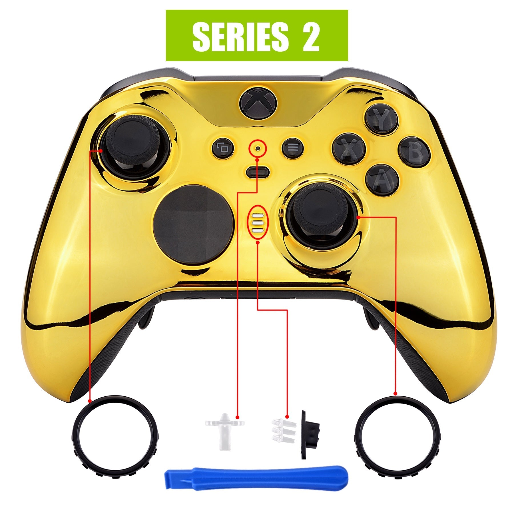 eXtremeRate Retail Chrome Gold Edition Glossy Faceplate Cover, Front Housing Shell Case Replacement Kit for Xbox One Elite Series 2 Controller (Model 1797 and Core Model 1797) - Thumbstick Accent Rings Included - ELD401