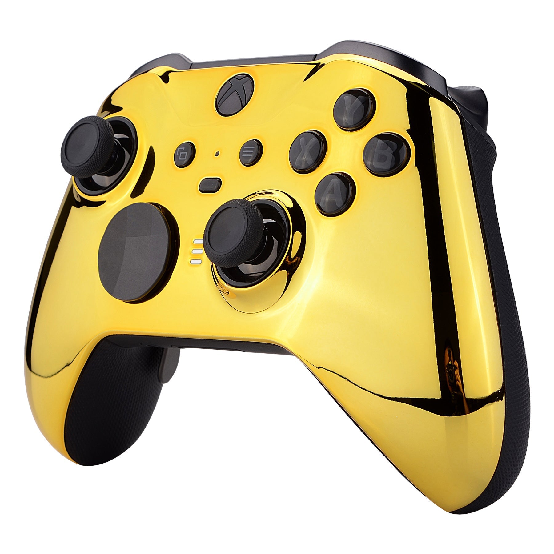 eXtremeRate Retail Chrome Gold Edition Glossy Faceplate Cover, Front Housing Shell Case Replacement Kit for Xbox One Elite Series 2 Controller (Model 1797 and Core Model 1797) - Thumbstick Accent Rings Included - ELD401