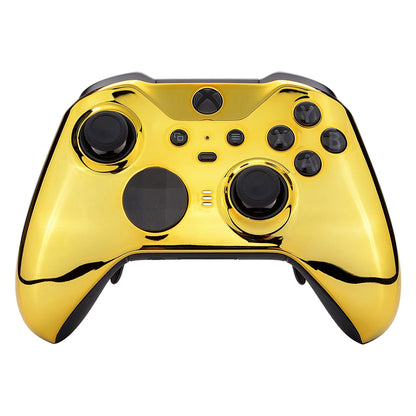 eXtremeRate Retail Chrome Gold Edition Glossy Faceplate Cover, Front Housing Shell Case Replacement Kit for Xbox One Elite Series 2 Controller (Model 1797 and Core Model 1797) - Thumbstick Accent Rings Included - ELD401