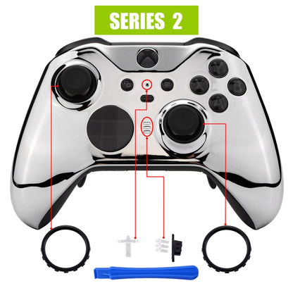 eXtremeRate Retail Chrome Silver Edition Glossy Faceplate Cover, Front Housing Shell Case Replacement Kit for Xbox One Elite Series 2 Controller (Model 1797 and Core Model 1797) - Thumbstick Accent Rings Included - ELD402