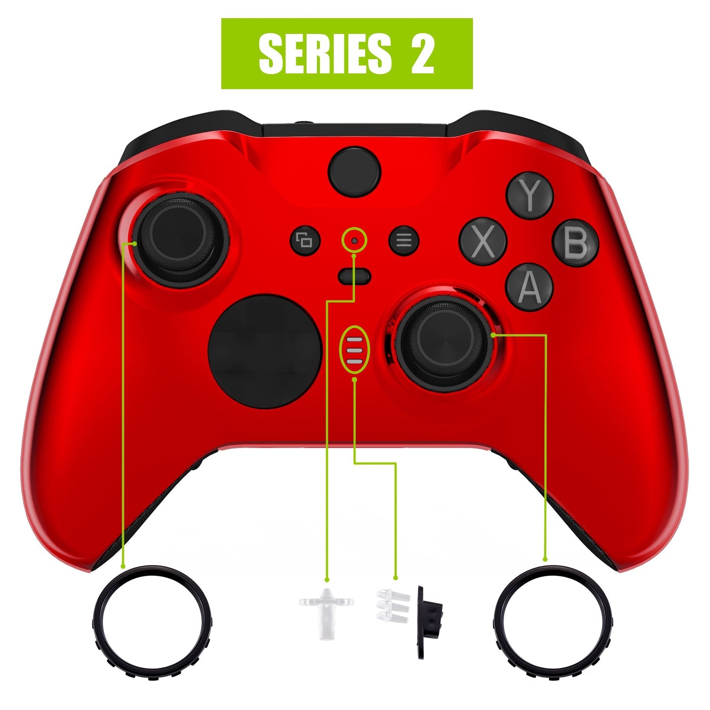 eXtremeRate Retail Chrome Red Edition Glossy Faceplate Cover, Front Housing Shell Case Replacement Kit for Xbox One Elite Series 2 Controller (Model 1797 and Core Model 1797) - Thumbstick Accent Rings Included - ELD403