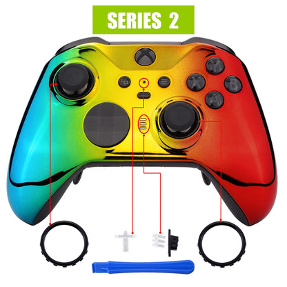 eXtremeRate Retail Tri-Color Gradient Glossy Faceplate Cover, Chrome Cyan Gold Red Replacement Front Housing Shell Case for Xbox One Elite Series 2 Controller (Model 1797 and Core Model 1797) - Thumbstick Accent Rings Included - ELD409