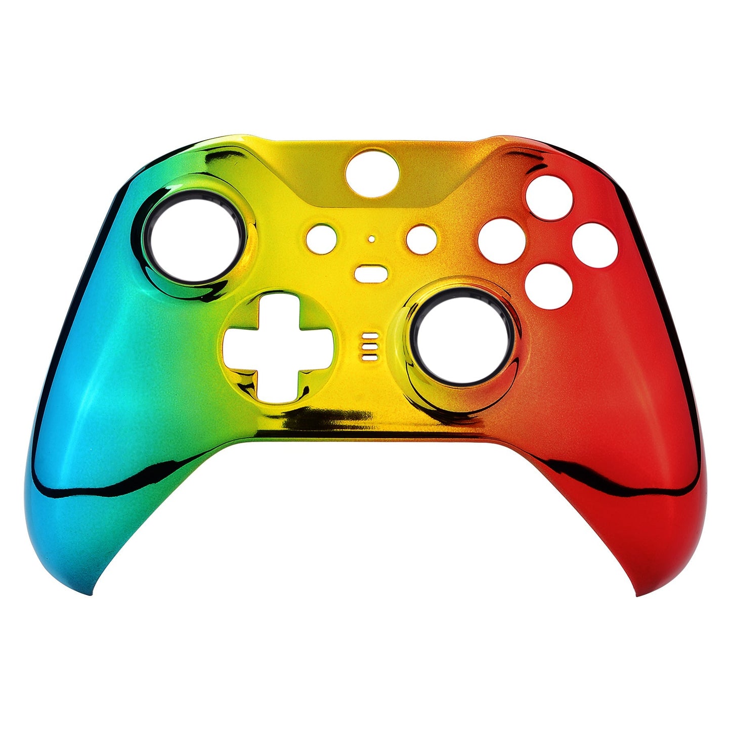 eXtremeRate Retail Tri-Color Gradient Glossy Faceplate Cover, Chrome Cyan Gold Red Replacement Front Housing Shell Case for Xbox One Elite Series 2 Controller (Model 1797 and Core Model 1797) - Thumbstick Accent Rings Included - ELD409