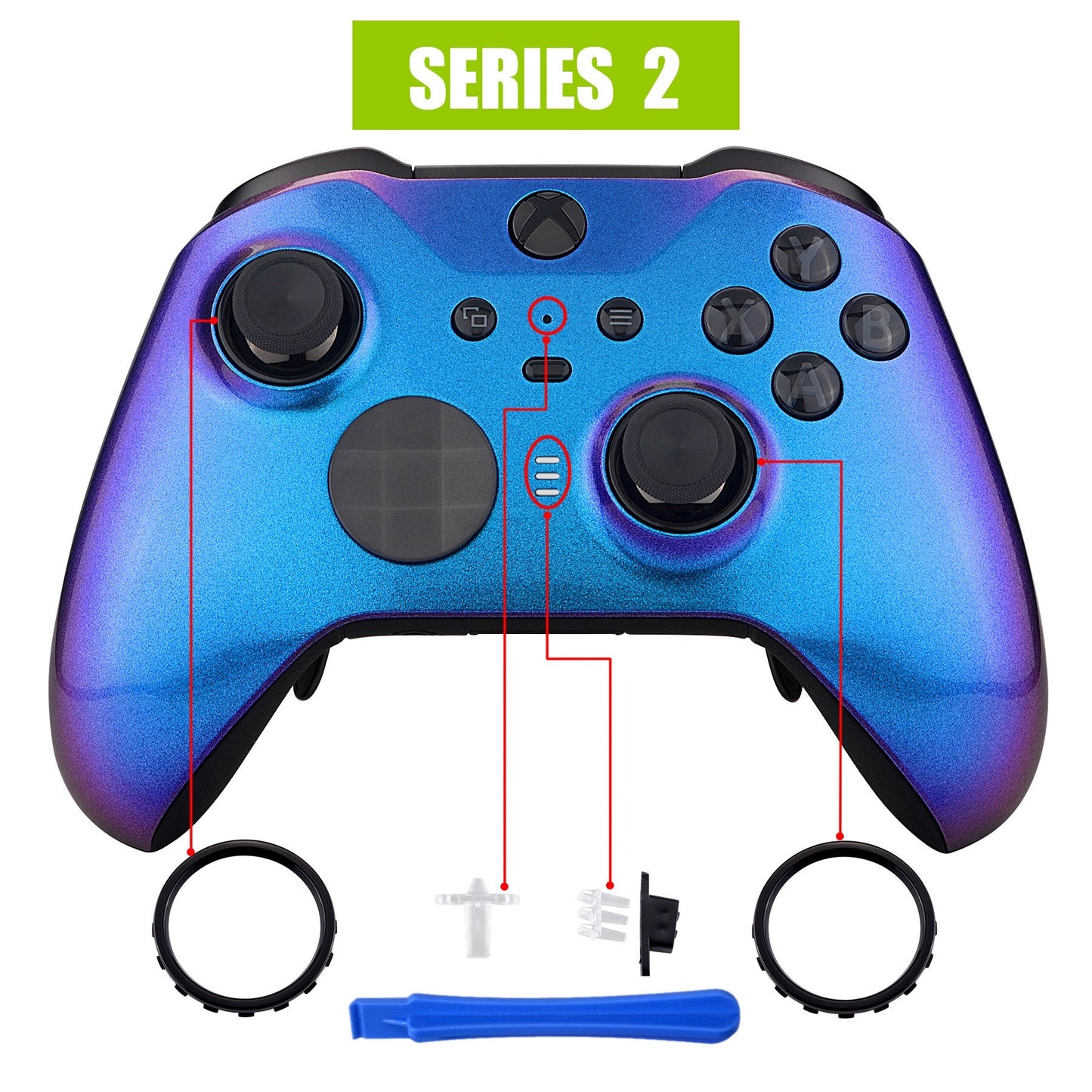 eXtremeRate Retail Chameleon Purple Blue Faceplate Cover, Glossy Front Housing Shell Case Replacement Kit for Xbox One Elite Series 2 Controller (Model 1797 and Core Model 1797) - Thumbstick Accent Rings Included - ELP301