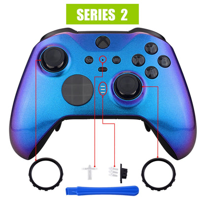 eXtremeRate Retail Chameleon Purple Blue Faceplate Cover, Glossy Front Housing Shell Case Replacement Kit for Xbox One Elite Series 2 Controller (Model 1797 and Core Model 1797) - Thumbstick Accent Rings Included - ELP301