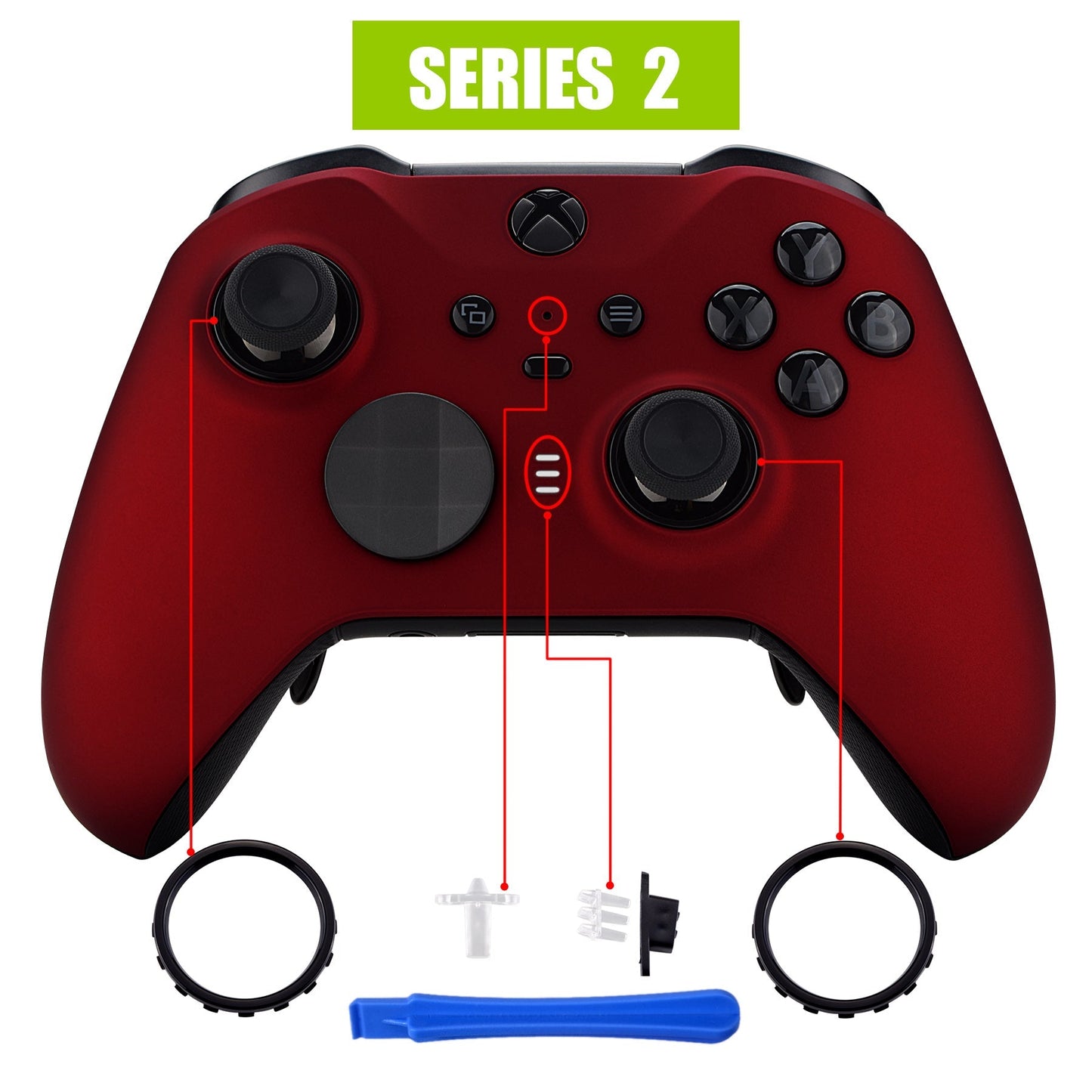 eXtremeRate Retail Scarlet Red Soft Touch Grip Faceplate Cover, Front Housing Shell Case Replacement Kit for Xbox One Elite Series 2 Controller (Model 1797 and Core Model 1797) - Thumbstick Accent Rings Included - ELP303