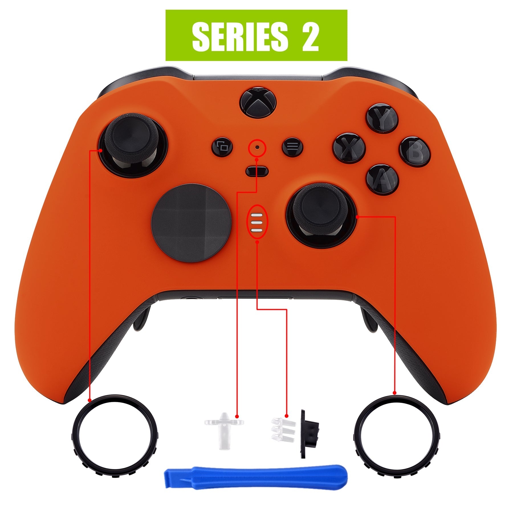 eXtremeRate Retail Orange Soft Touch Grip Faceplate Cover, Front Housing Shell Case Replacement Kit for Xbox One Elite Series 2 Controller (Model 1797 and Core Model 1797) - Thumbstick Accent Rings Included - ELP304