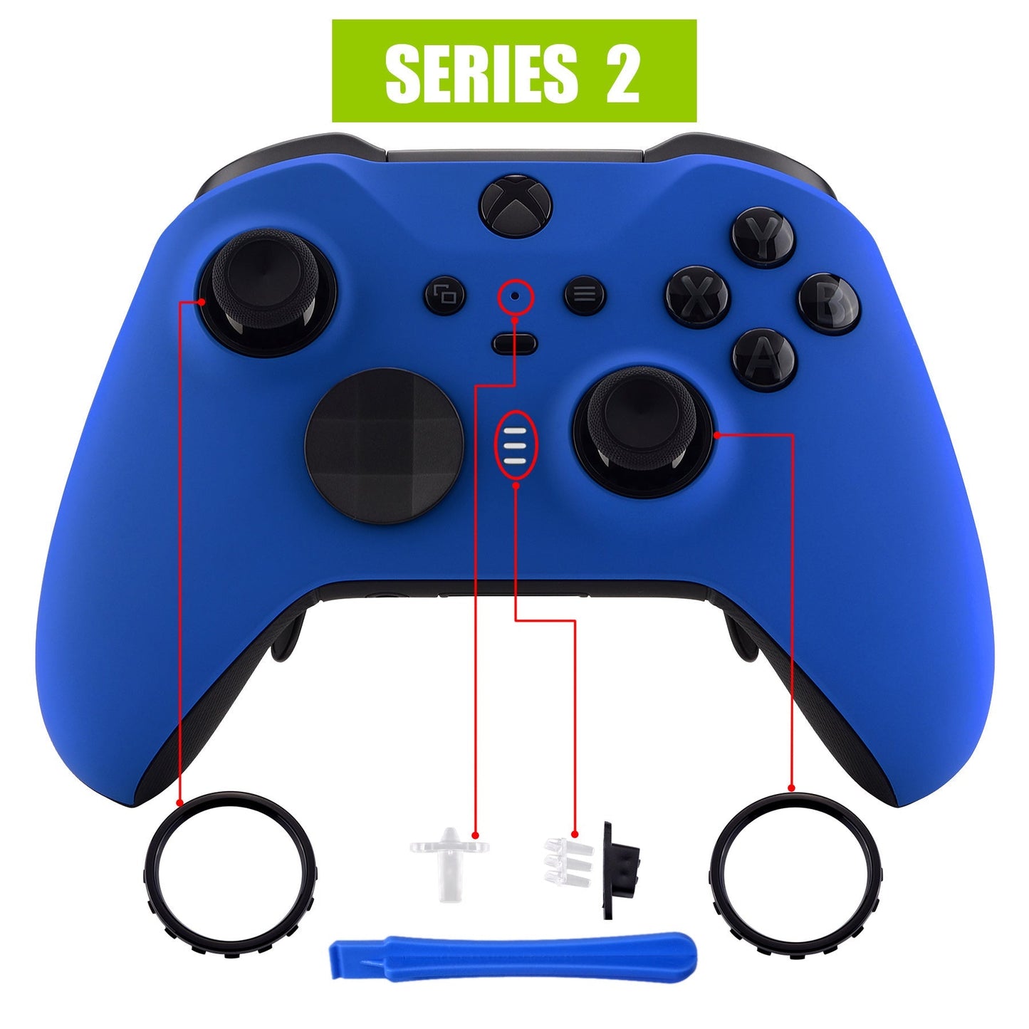 eXtremeRate Retail Blue Soft Touch Grip Faceplate Cover, Front Housing Shell Case Replacement Kit for Xbox One Elite Series 2 Controller (Model 1797 and Core Model 1797) - Thumbstick Accent Rings Included - ELP305