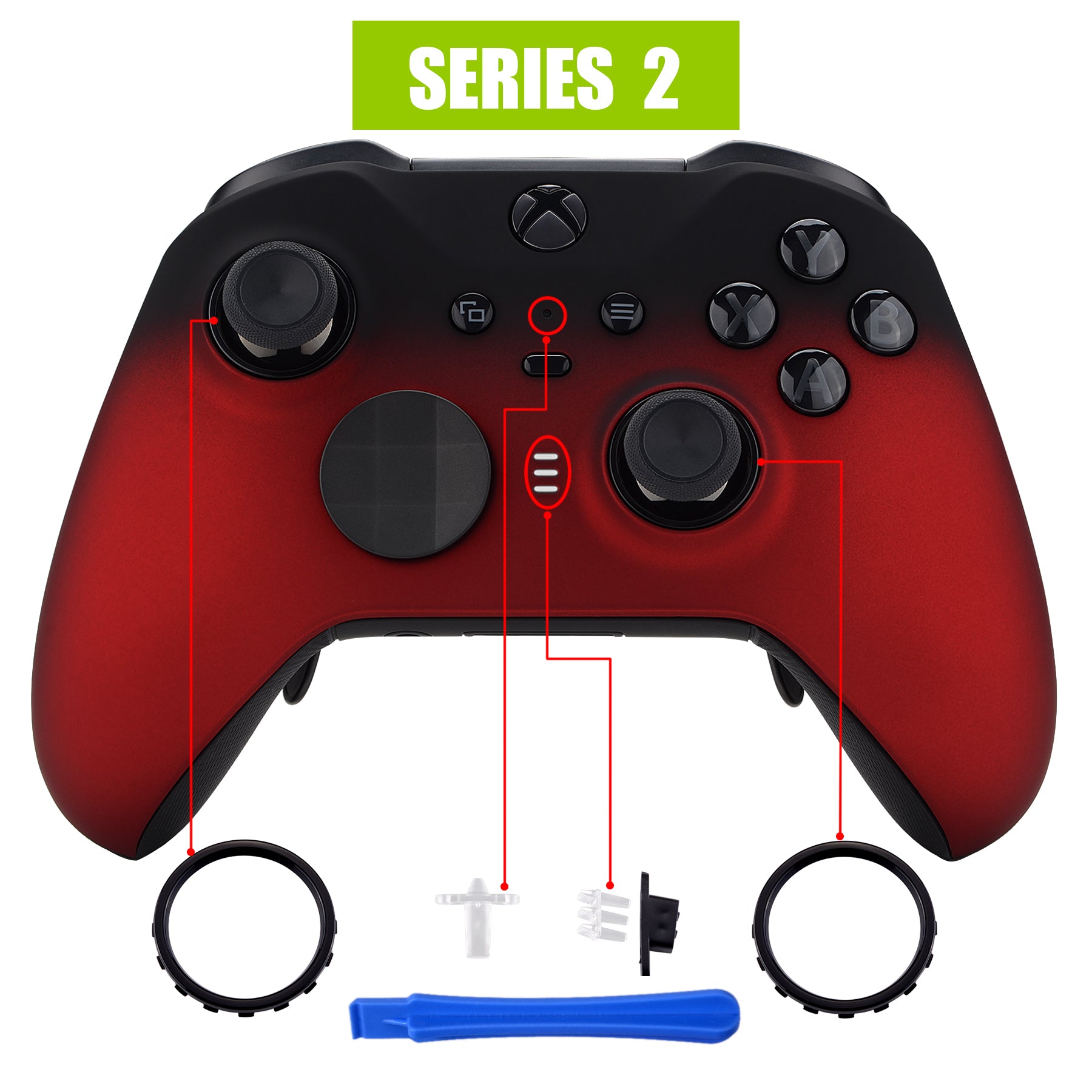 eXtremeRate Retail Shadow Scarlet Red Soft Touch Grip Faceplate Cover, Front Housing Shell Case Replacement Kit for Xbox One Elite Series 2 Controller (Model 1797 and Core Model 1797) - Thumbstick Accent Rings Included - ELP319