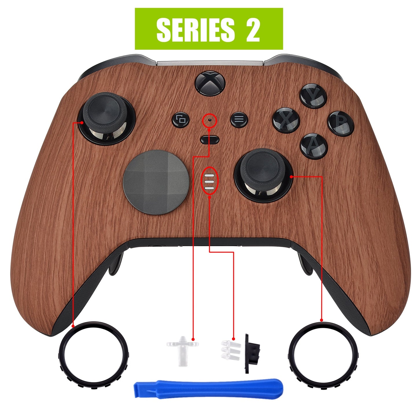 eXtremeRate Retail Wood Grain Patterned Faceplate Cover, Soft Touch Front Housing Shell Case Replacement Kit for Xbox One Elite Series 2 Controller (Model 1797 and Core Model 1797) - Thumbstick Accent Rings Included - ELS201