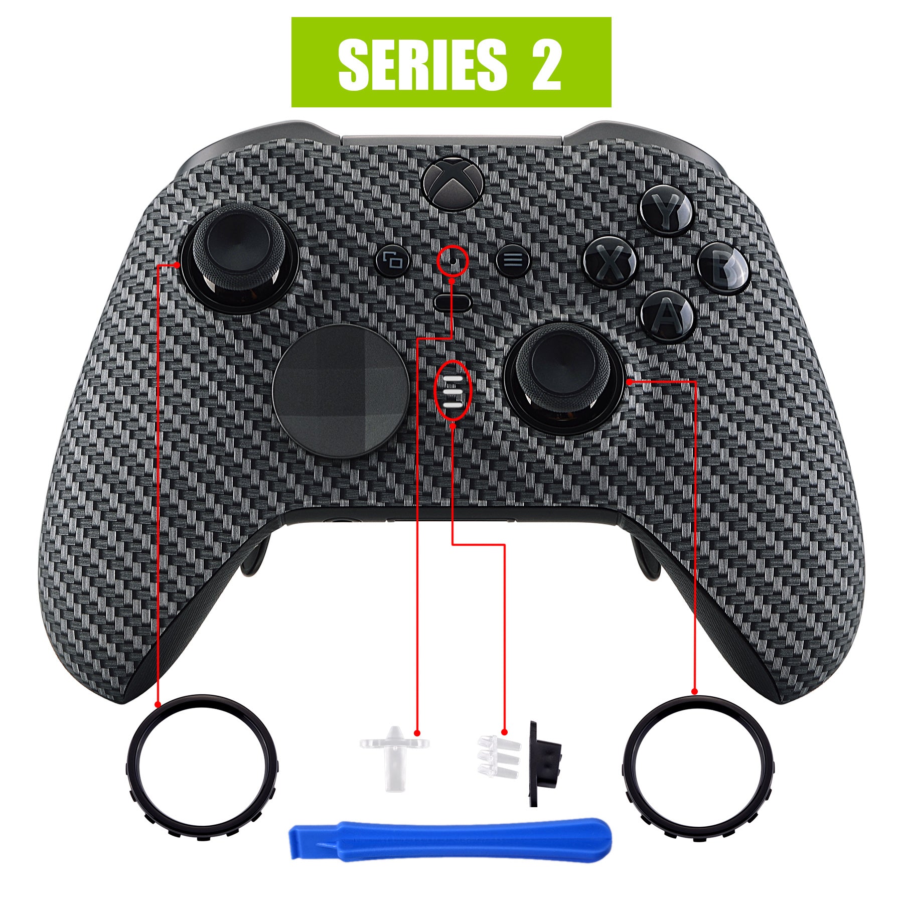 eXtremeRate Retail Black Silver Carbon Fiber Patterned Faceplate Cover, Soft Touch Front Housing Shell Case Replacement Kit for Xbox One Elite Series 2 Controller (Model 1797 and Core Model 1797) - Thumbstick Accent Rings Included - ELS209