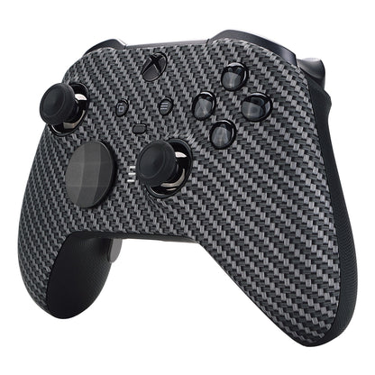 eXtremeRate Retail Black Silver Carbon Fiber Patterned Faceplate Cover, Soft Touch Front Housing Shell Case Replacement Kit for Xbox One Elite Series 2 Controller (Model 1797 and Core Model 1797) - Thumbstick Accent Rings Included - ELS209