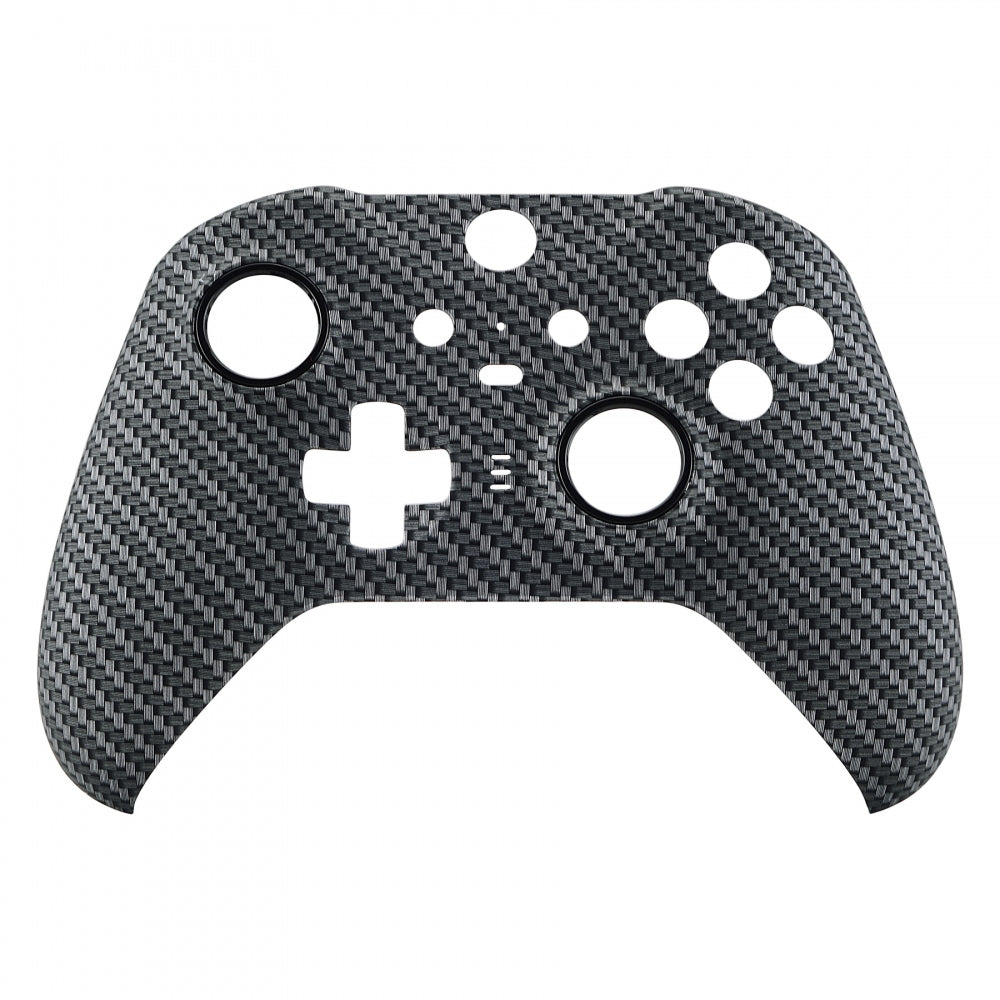 eXtremeRate Retail Black Silver Carbon Fiber Patterned Faceplate Cover, Soft Touch Front Housing Shell Case Replacement Kit for Xbox One Elite Series 2 Controller (Model 1797 and Core Model 1797) - Thumbstick Accent Rings Included - ELS209