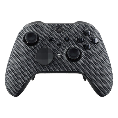 eXtremeRate Retail Black Silver Carbon Fiber Patterned Faceplate Cover, Soft Touch Front Housing Shell Case Replacement Kit for Xbox One Elite Series 2 Controller (Model 1797 and Core Model 1797) - Thumbstick Accent Rings Included - ELS209