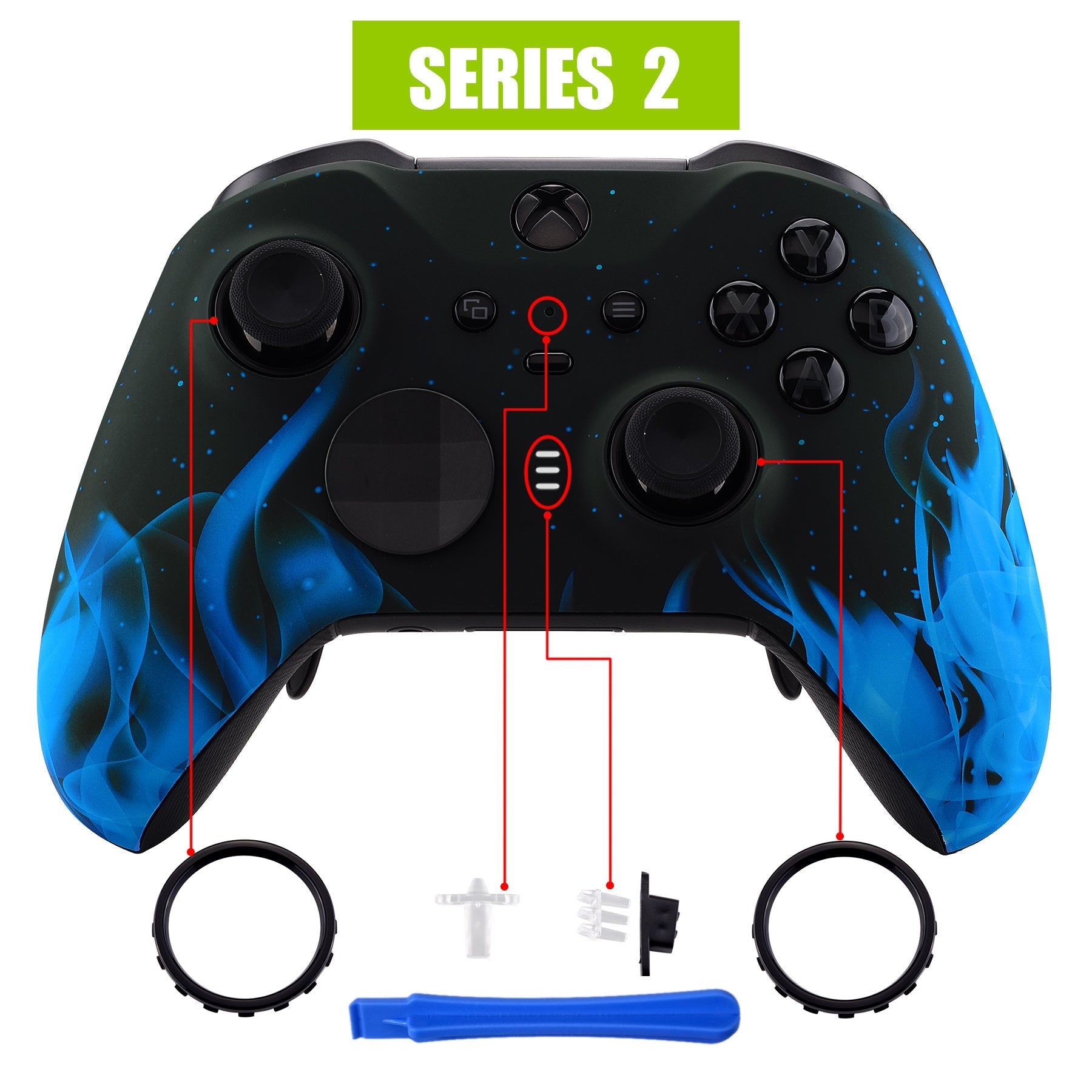 eXtremeRate Retail Blue Flame Patterned Faceplate Cover, Soft Touch Front Housing Shell Case Replacement Kit for Xbox One Elite Series 2 Controller (Model 1797 and Core Model 1797) - Thumbstick Accent Rings Included - ELT105