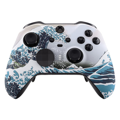 eXtremeRate Retail The Great Wave Patterned Faceplate Cover, Soft Touch Front Housing Shell Case Replacement Kit for Xbox One Elite Series 2 Controller (Model 1797 and Core Model 1797) - Thumbstick Accent Rings Included - ELT106