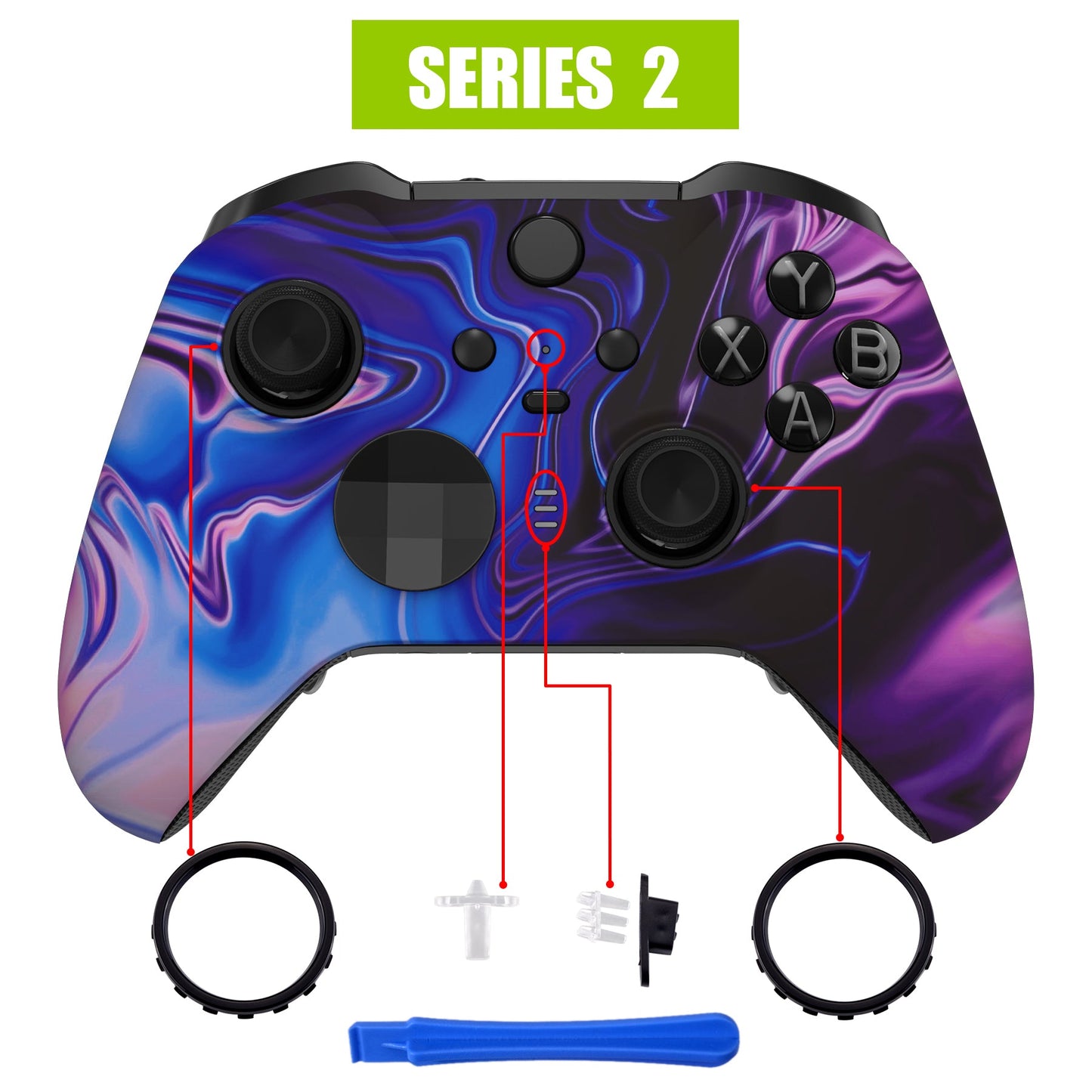 eXtremeRate Retail Origin of Chaos Patterned Faceplate Cover, Soft Touch Front Housing Shell Case Replacement Kit for Xbox One Elite Series 2 Controller (Model 1797 and Core Model 1797) - Thumbstick Accent Rings Included - ELT109