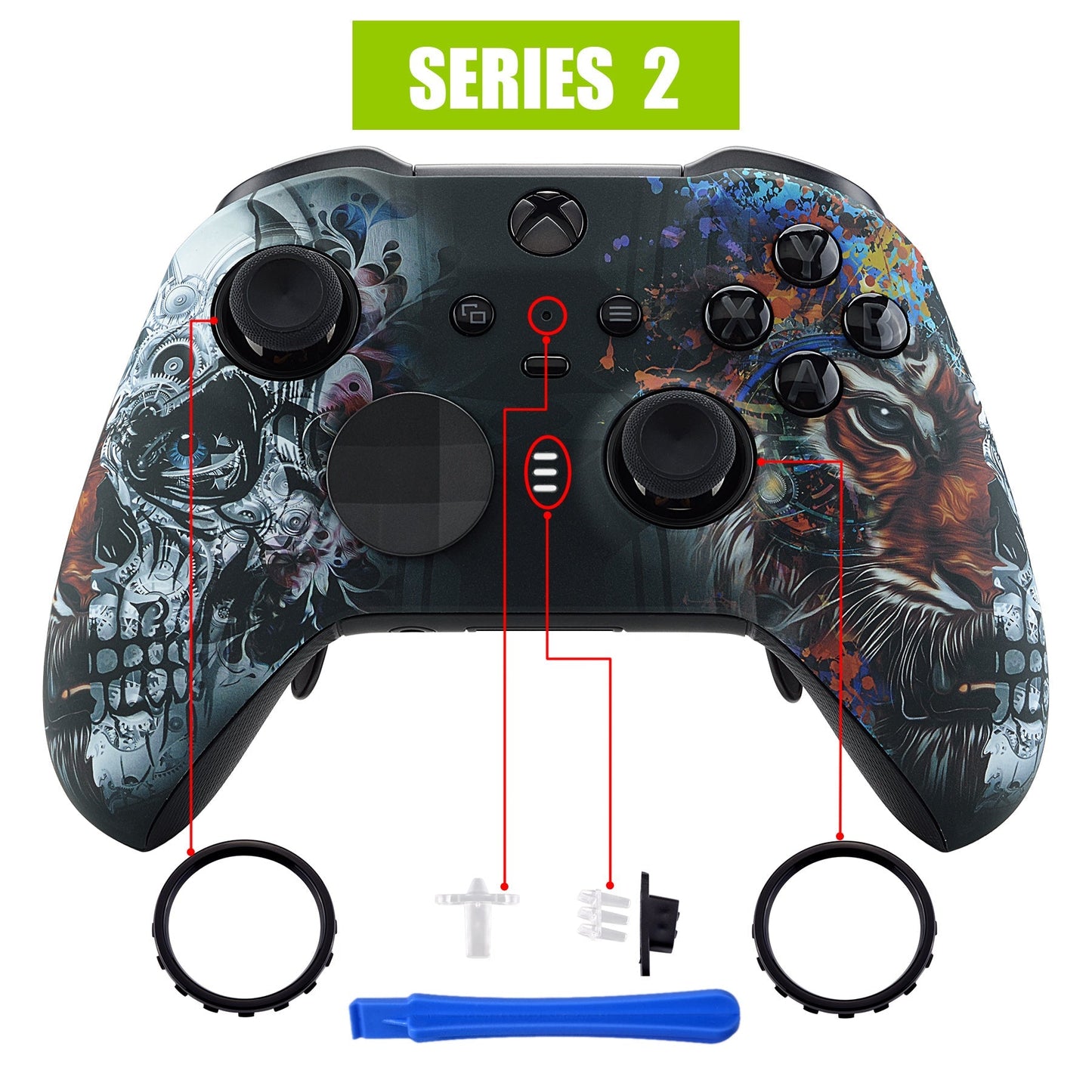 eXtremeRate Retail Tiger Skull Patterned Faceplate Cover, Soft Touch Front Housing Shell Case Replacement Kit for Xbox One Elite Series 2 Controller (Model 1797 and Core Model 1797) - Thumbstick Accent Rings Included - ELT113