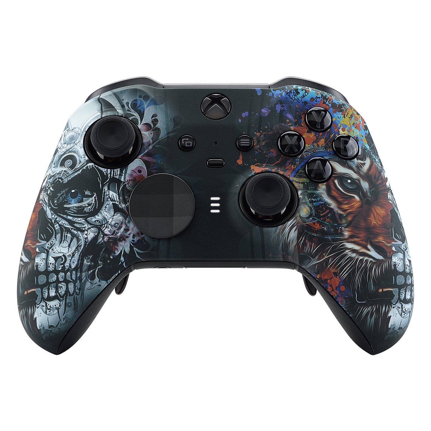 eXtremeRate Retail Tiger Skull Patterned Faceplate Cover, Soft Touch Front Housing Shell Case Replacement Kit for Xbox One Elite Series 2 Controller (Model 1797 and Core Model 1797) - Thumbstick Accent Rings Included - ELT113