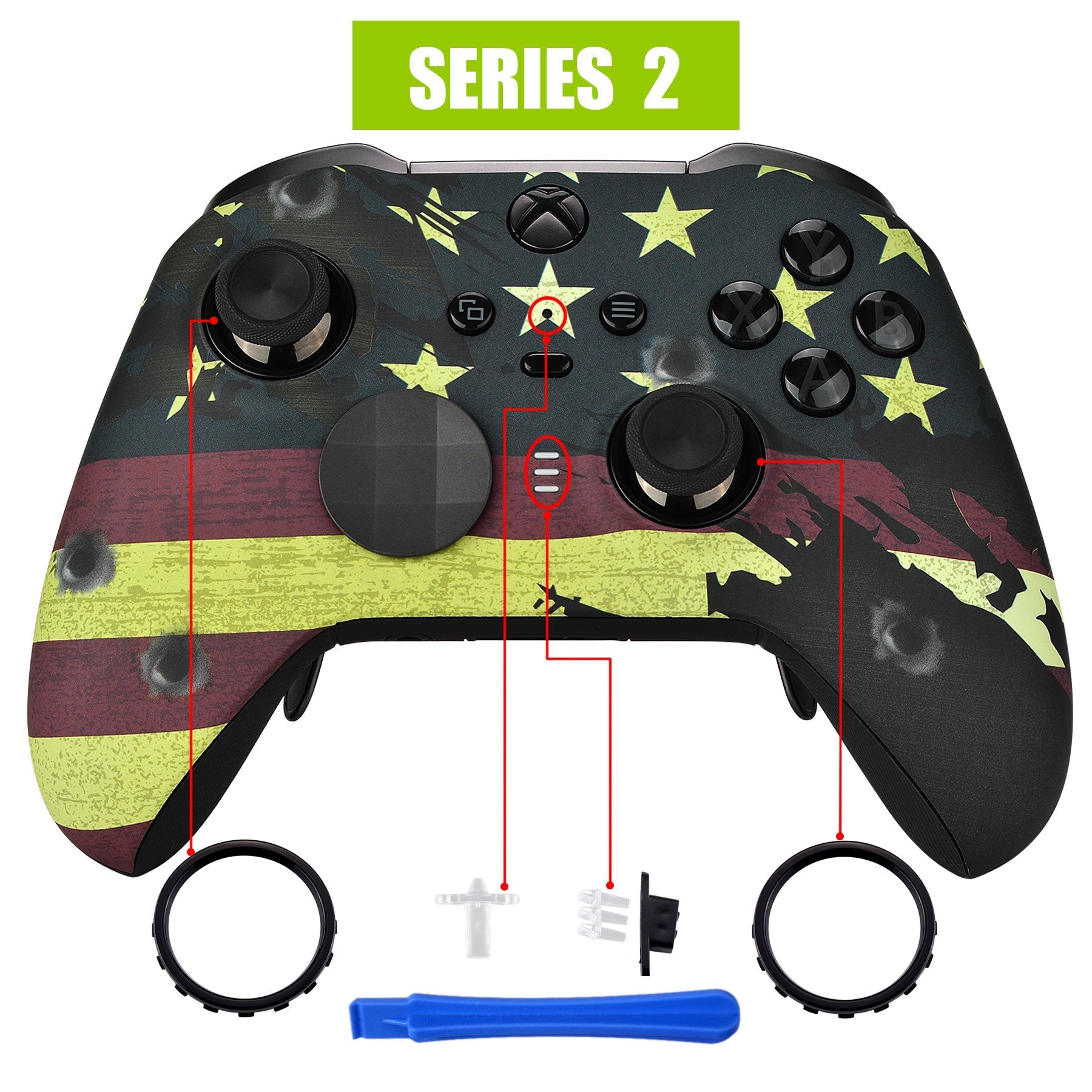 eXtremeRate Retail US Flag The Stars & Stripes Patterned Faceplate Cover, Soft Touch Front Housing Shell Case Replacement Kit for Xbox One Elite Series 2 Controller (Model 1797 and Core Model 1797) - Thumbstick Accent Rings Included - ELT114