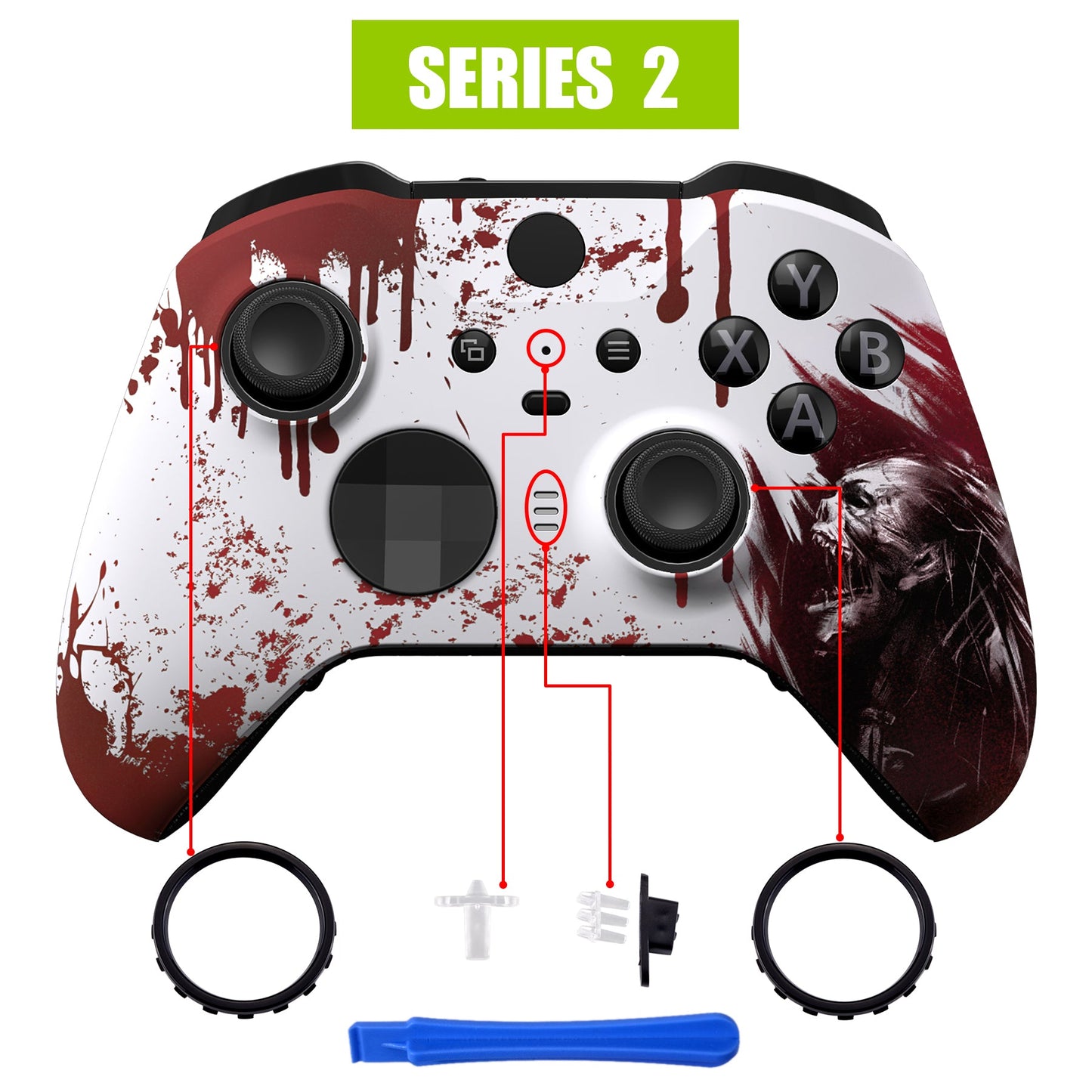 eXtremeRate Retail Blood Zombie Style Faceplate Cover, Soft Touch Front Housing Shell Case Replacement Kit for Xbox One Elite Series 2 Controller (Model 1797 and Core Model 1797) - Thumbstick Accent Rings Included - ELT139