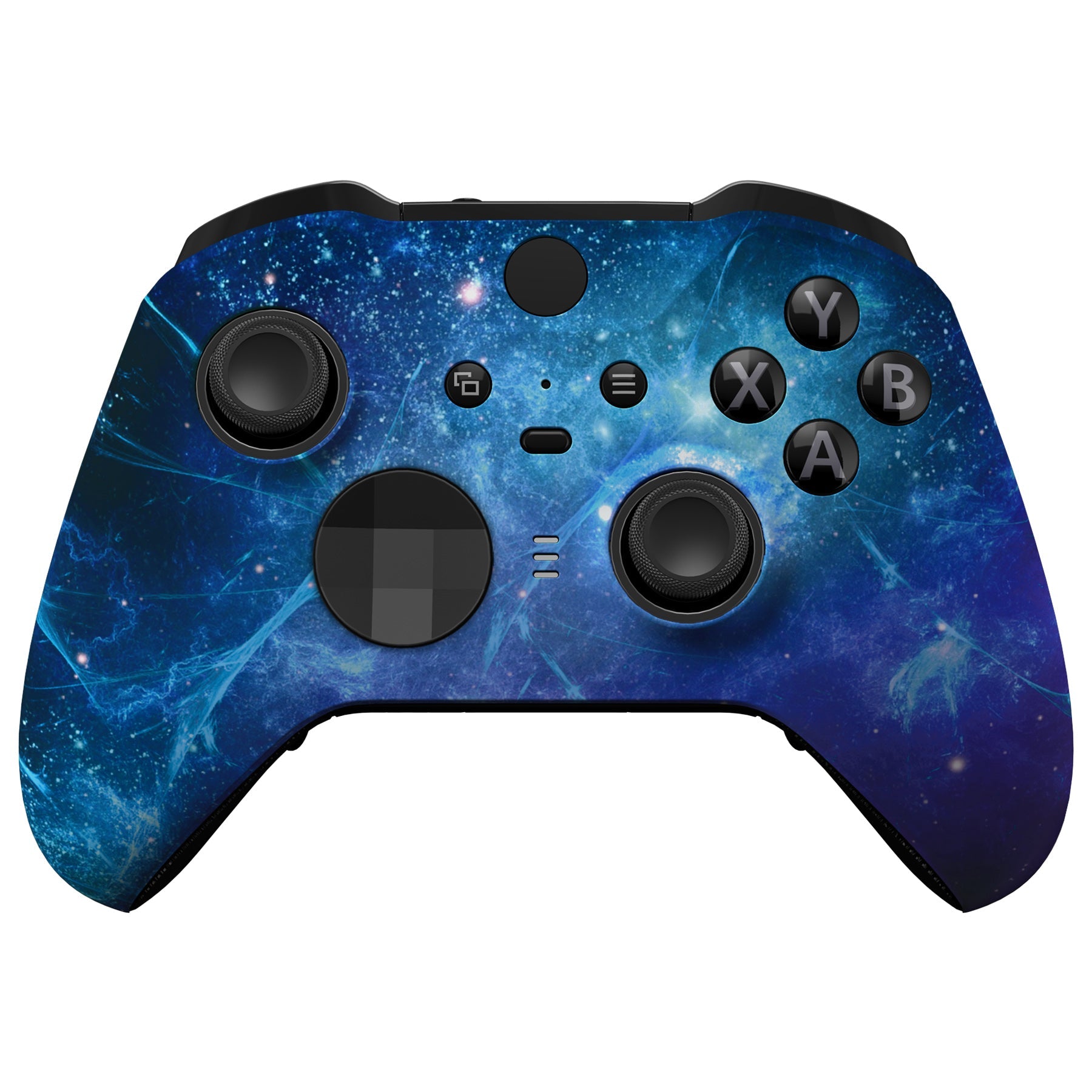 eXtremeRate Retail Blue Nebula Style Faceplate Cover, Soft Touch Front Housing Shell Case Replacement Kit for Xbox One Elite Series 2 Controller Model 1797 - Thumbstick Accent Rings Included - ELT143