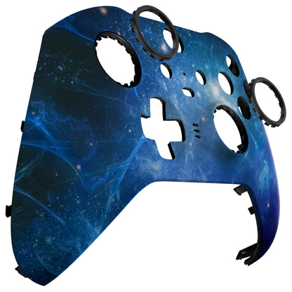 eXtremeRate Retail Blue Nebula Style Faceplate Cover, Soft Touch Front Housing Shell Case Replacement Kit for Xbox One Elite Series 2 Controller Model 1797 - Thumbstick Accent Rings Included - ELT143