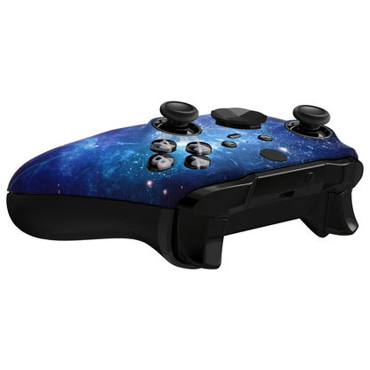 eXtremeRate Retail Blue Nebula Style Faceplate Cover, Soft Touch Front Housing Shell Case Replacement Kit for Xbox One Elite Series 2 Controller Model 1797 - Thumbstick Accent Rings Included - ELT143