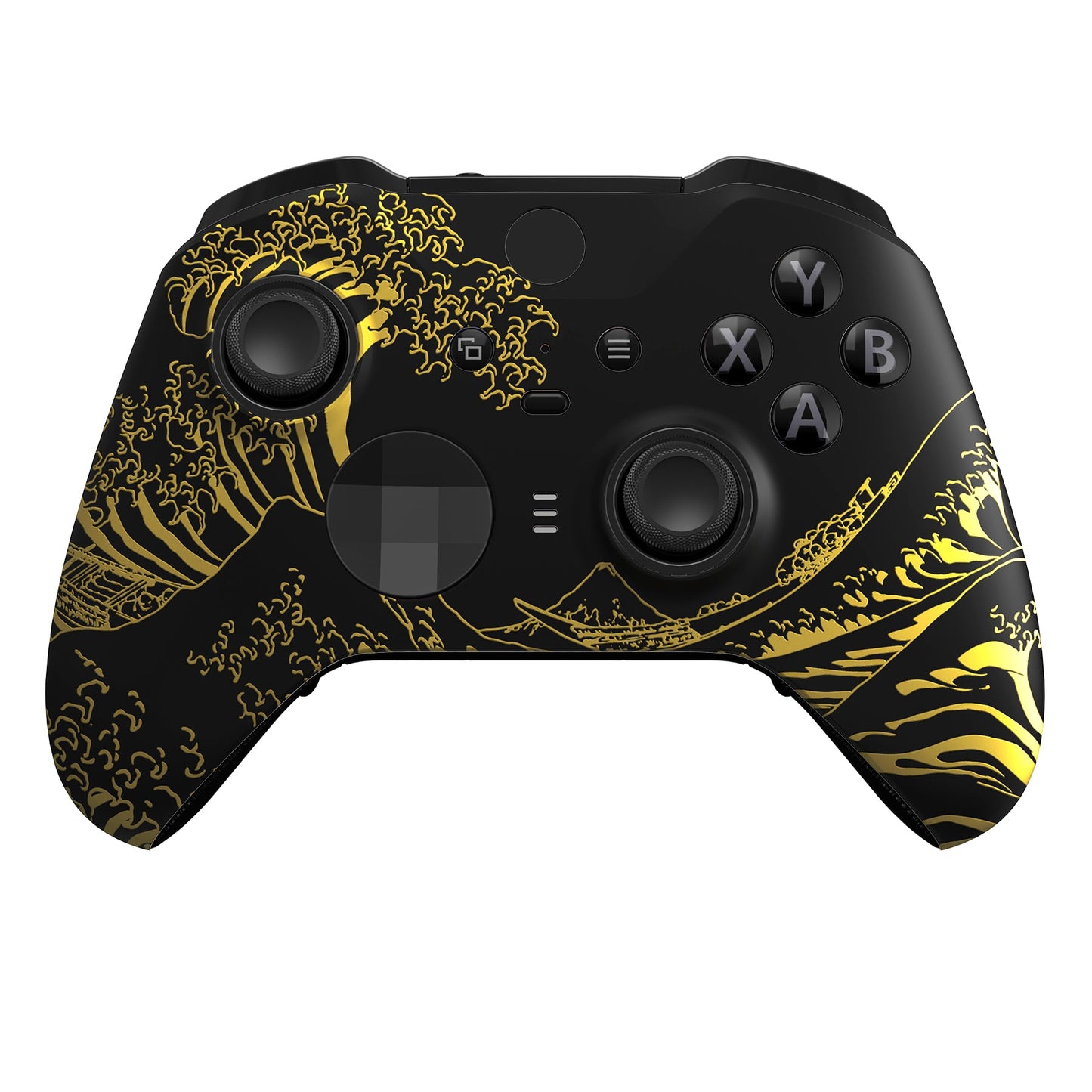 eXtremeRate Replacement Front Housing Shell Case with Accent Rings for Xbox One Elite Series 2 & Elite 2 Core Controller (Model 1797) - The Great GOLDEN Wave Off Kanagawa - Black eXtremeRate