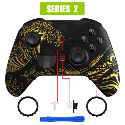 eXtremeRate Replacement Front Housing Shell Case with Accent Rings for Xbox One Elite Series 2 & Elite 2 Core Controller (Model 1797) - The Great GOLDEN Wave Off Kanagawa - Black eXtremeRate