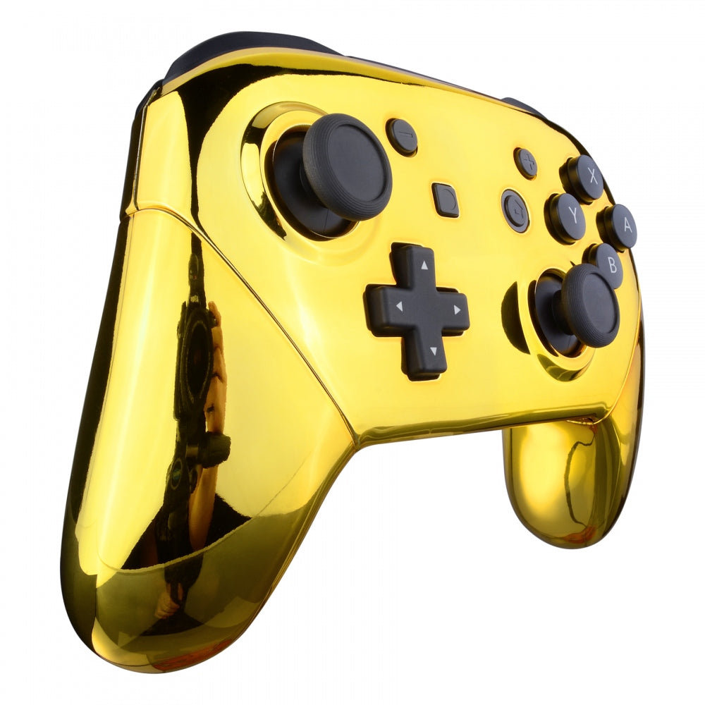 eXtremeRate Retail Chrome Gold Faceplate Backplate Handles for Nintendo Switch Pro Controller, Glossy DIY Replacement Grip Housing Shell Cover for Nintendo Switch Pro - Controller NOT Included - FRD401