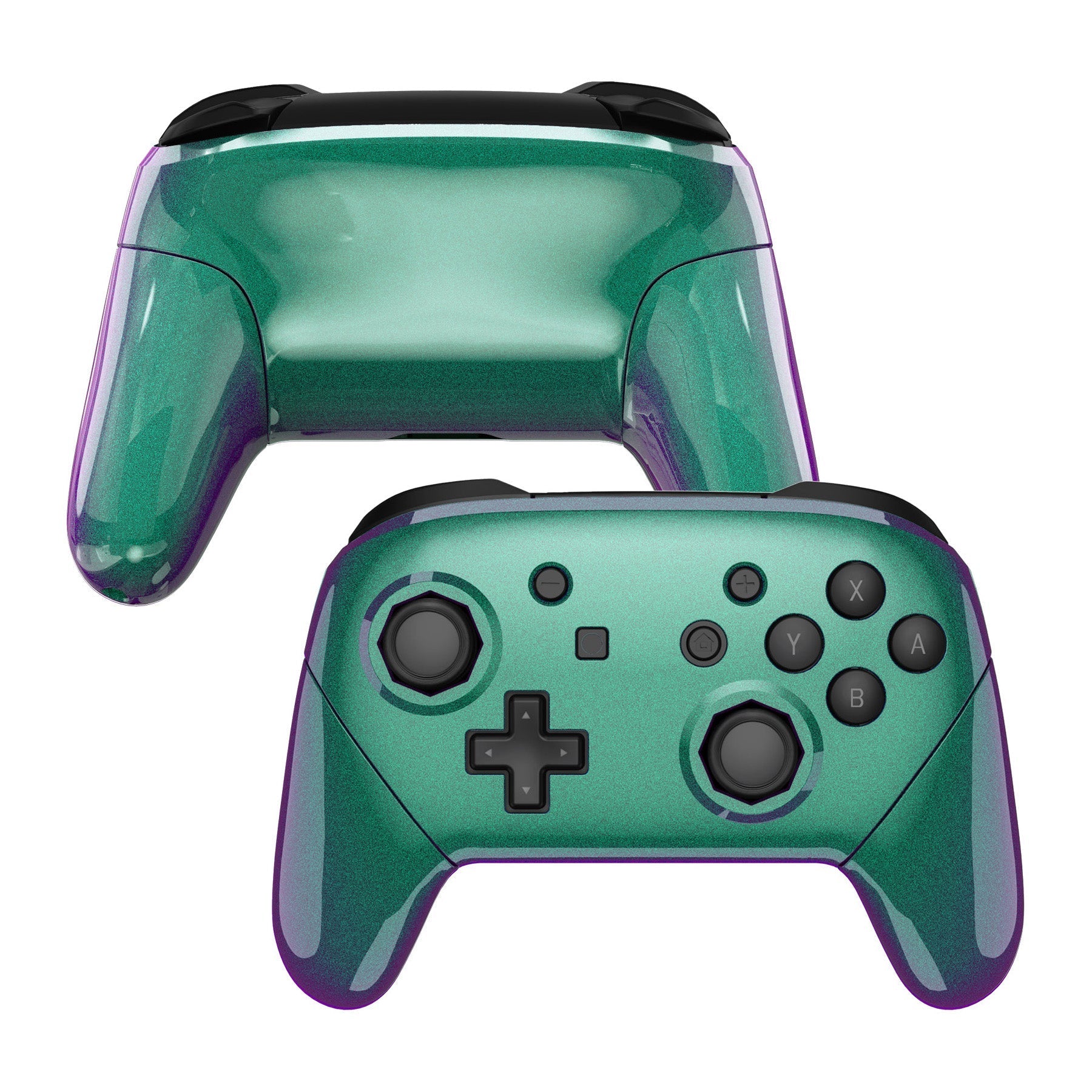 eXtremeRate Retail Chameleon Green Purple Faceplate Backplate Handles Cover, Octagonal Gated Sticks Design DIY Replacement Grip Housing Shell for NS Switch Pro Controller - Controller NOT Included - FRE608